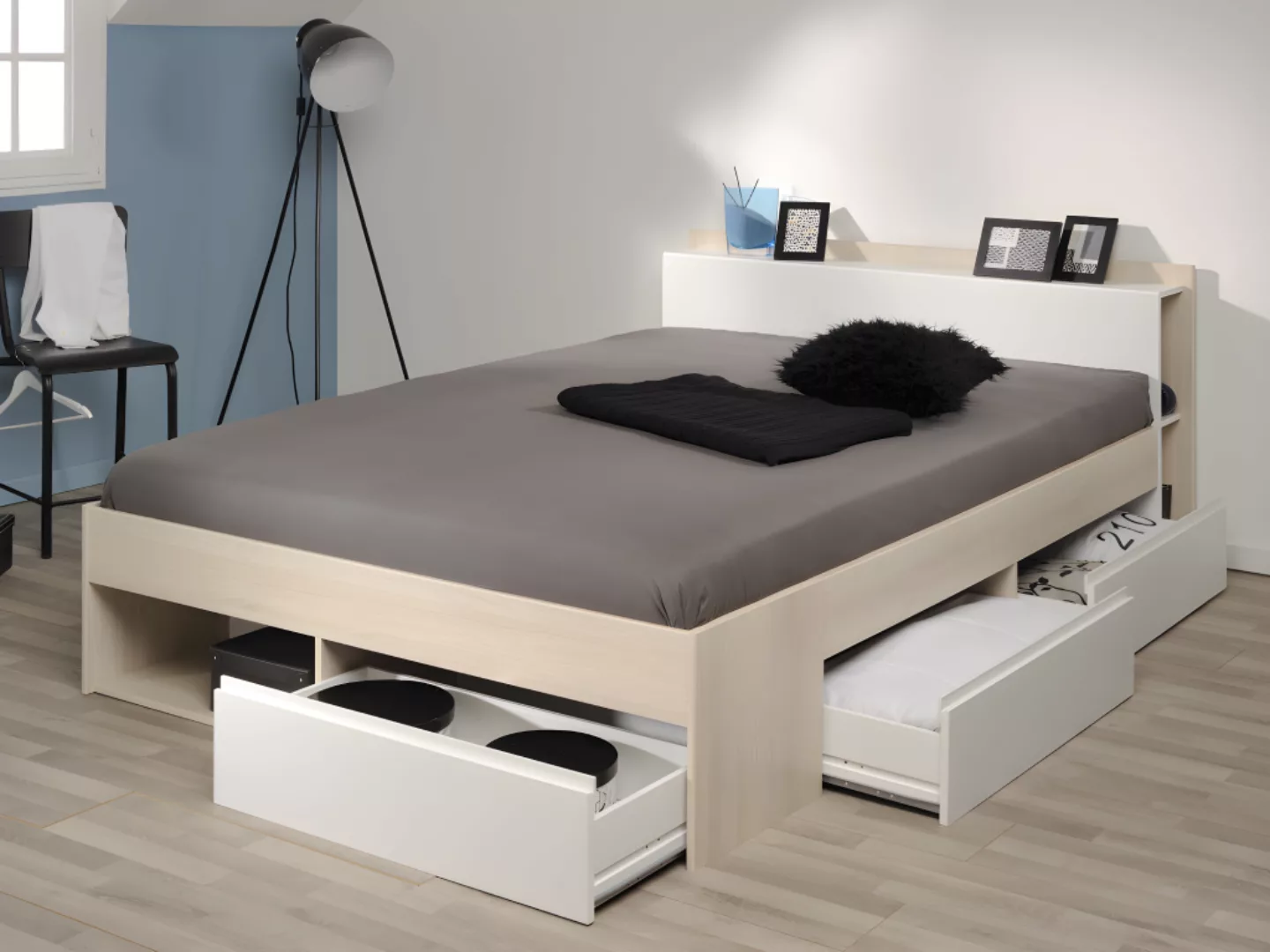 Bett mit Stauraum + Lattenrost + Matratze - 140 x 200 cm - Weiß & Holzfarbe günstig online kaufen