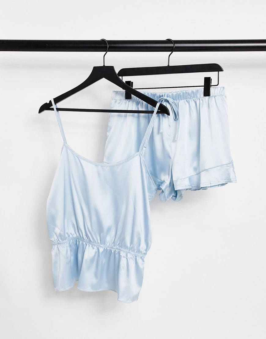 Miss Selfridge – Set aus Satin mit Camisole und Shorts in Blau günstig online kaufen