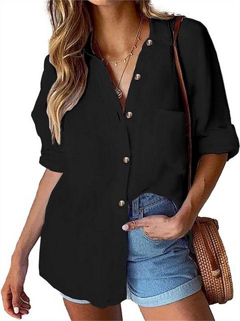 RUZU UG Langarmhemd Damen Hemd Baumwolle shirt Hemdbluse zum V-Ausschnitt A günstig online kaufen
