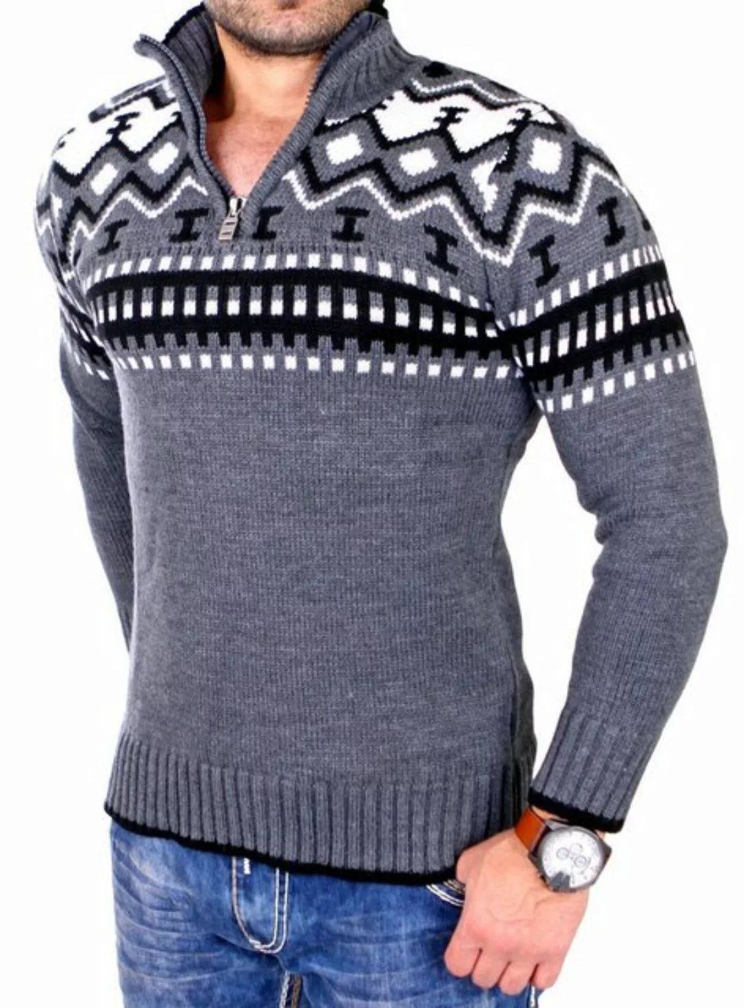 Reslad Strickpullover Reslad Herren Strickpullover Crewneck Zipper Norweger günstig online kaufen