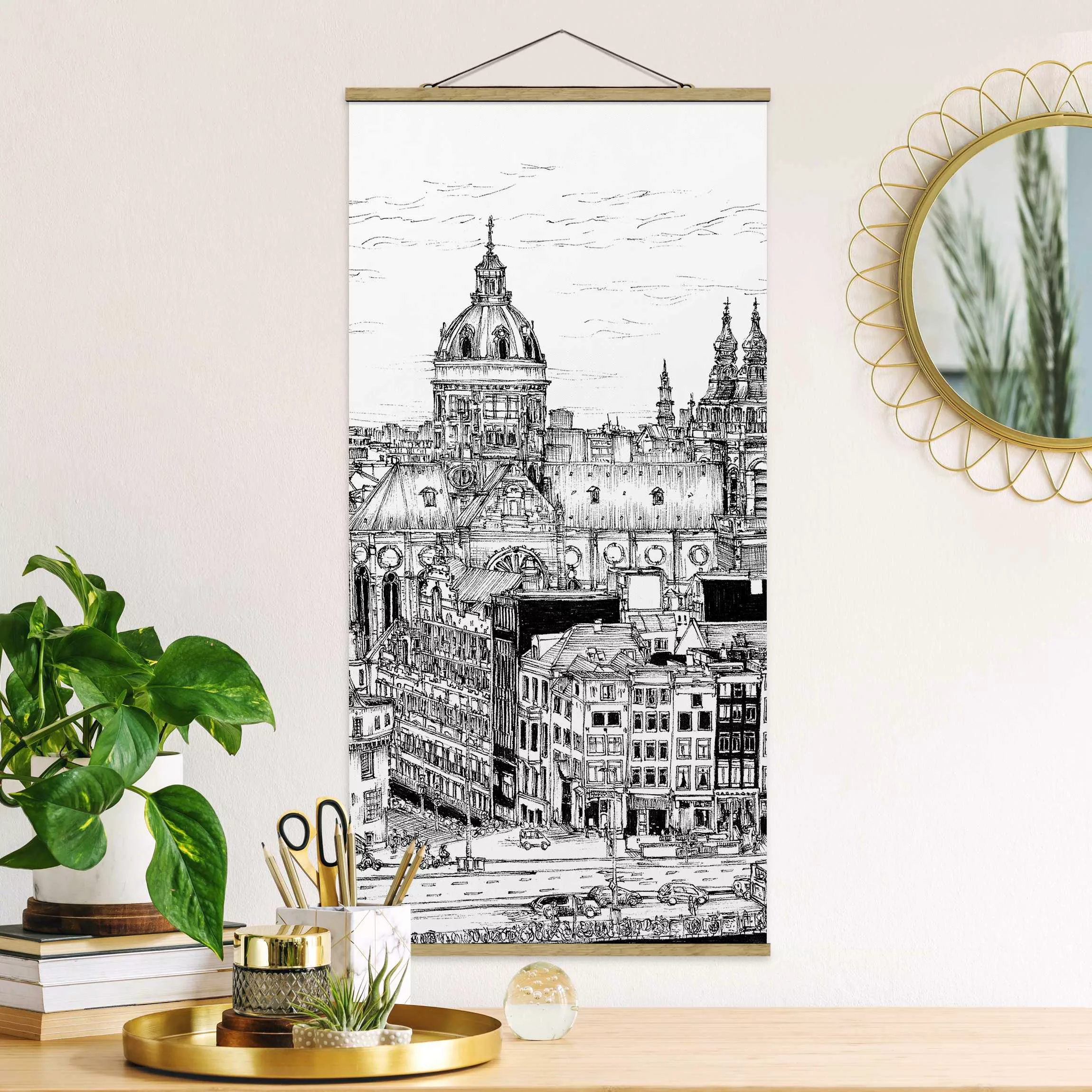 Stoffbild Architektur mit Posterleisten - Hochformat Stadtstudie - Altstadt günstig online kaufen