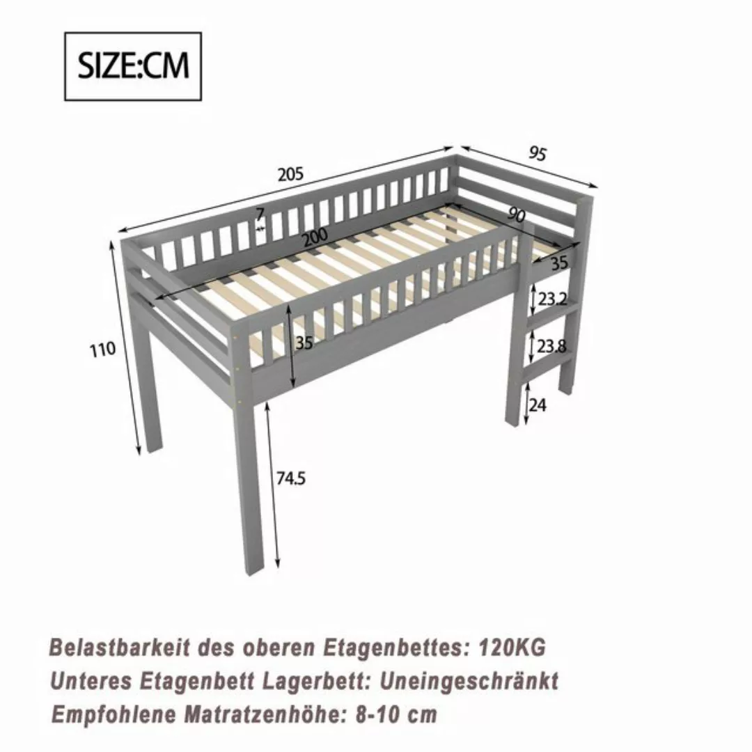 Flieks Hochbett Kinderbett Massivholzbett 90X200cm mit Lattenrost und Leite günstig online kaufen