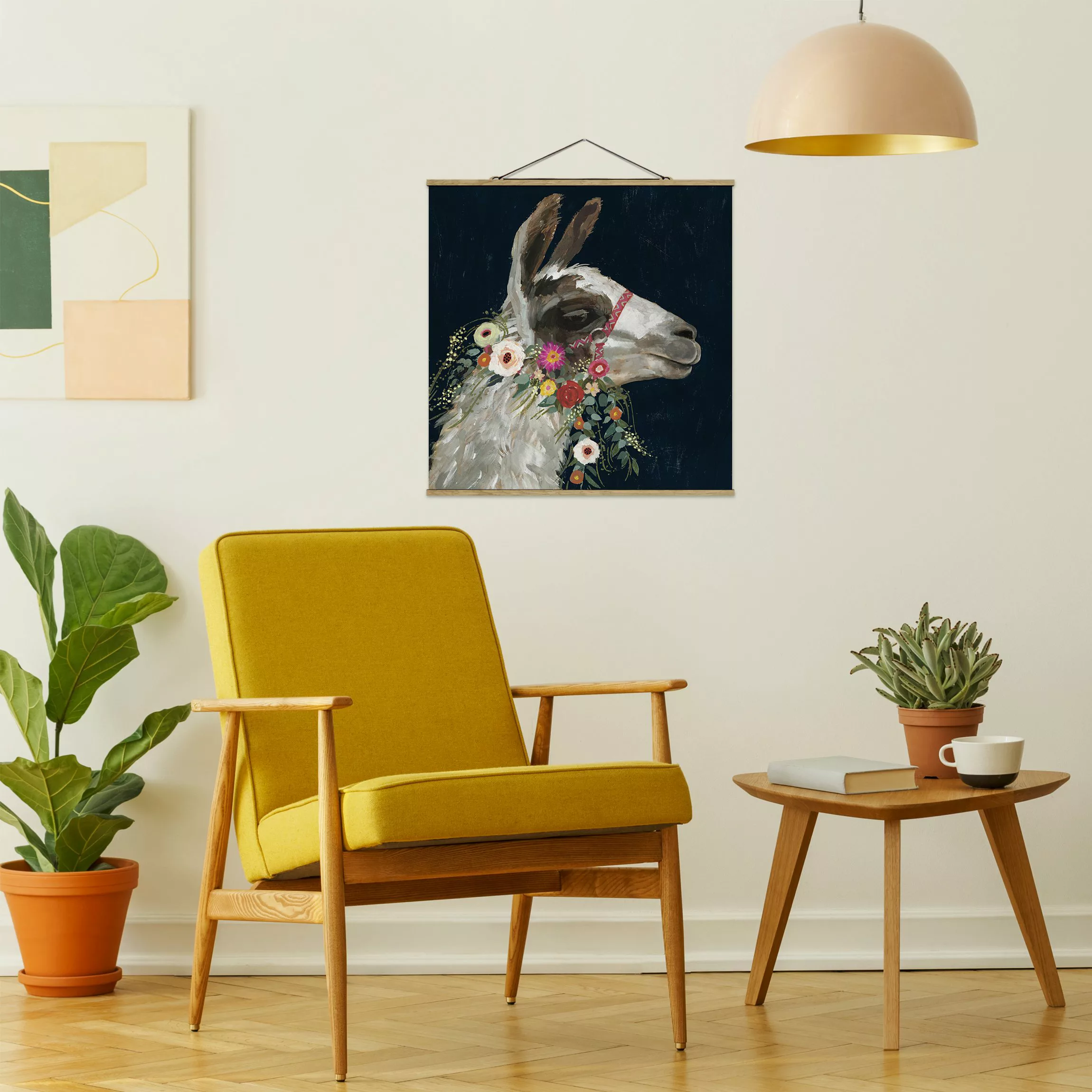 Stoffbild Tiere mit Posterleisten - Quadrat Lama mit Blumenschmuck I günstig online kaufen