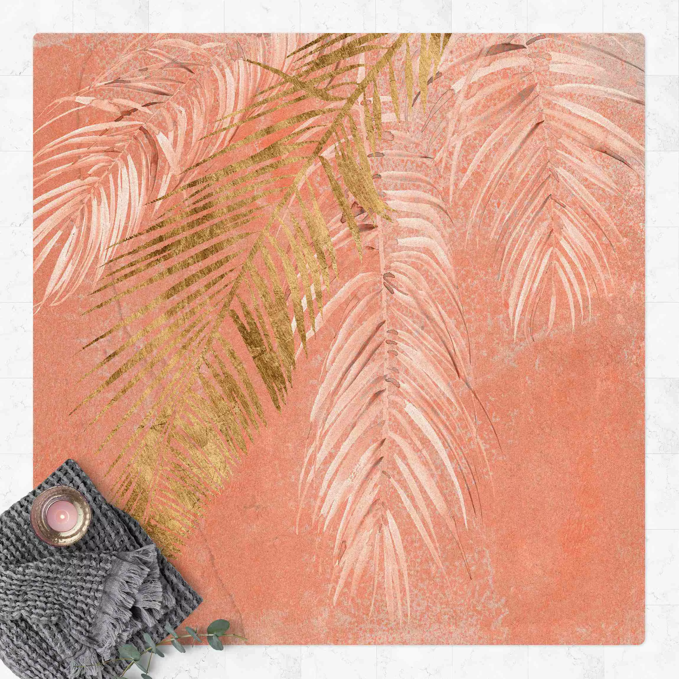 Kork-Teppich Palmenblätter Rosa und Gold I günstig online kaufen