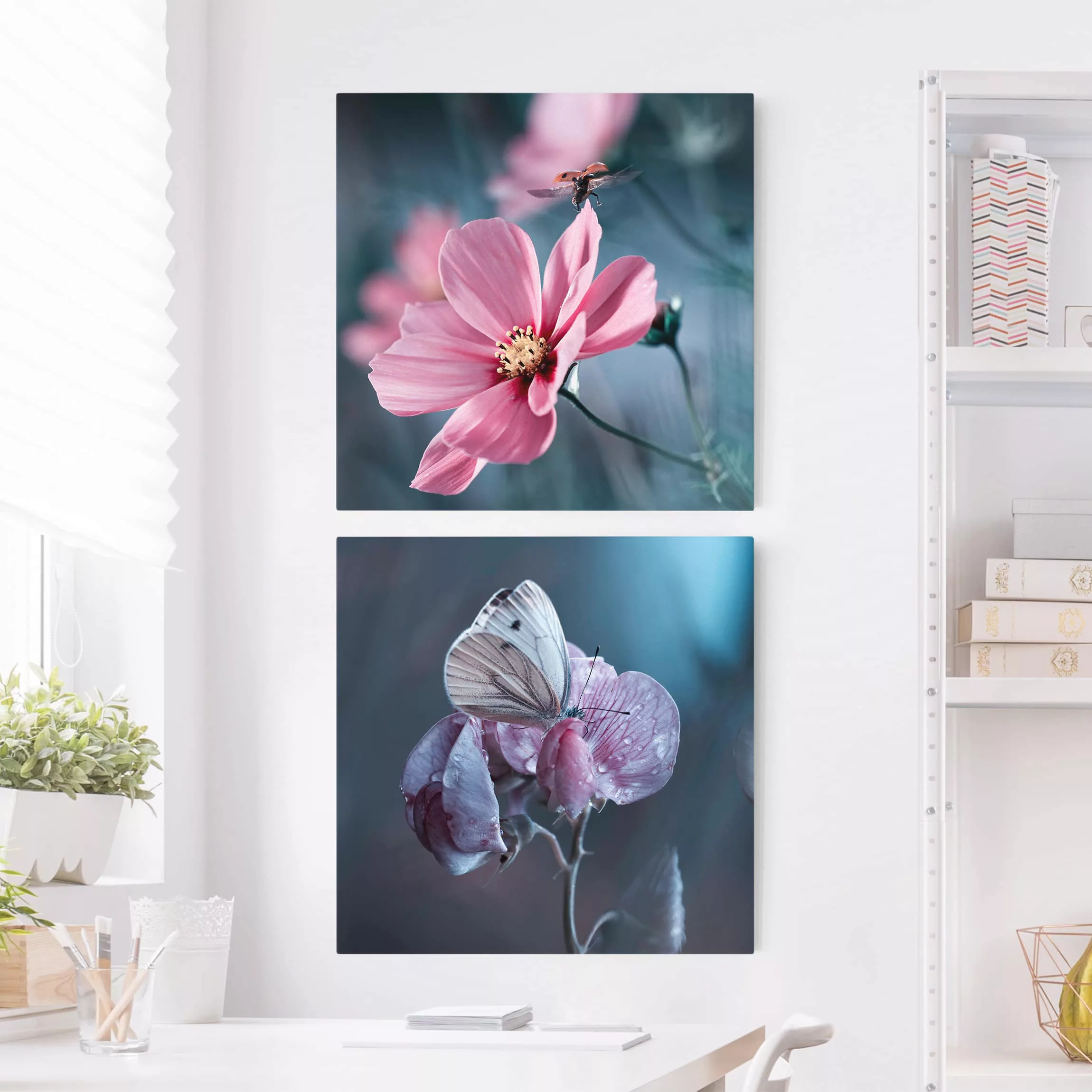 2-teiliges Leinwandbild Blumen - Quadrat Schmetterling und Marienkäfer auf günstig online kaufen