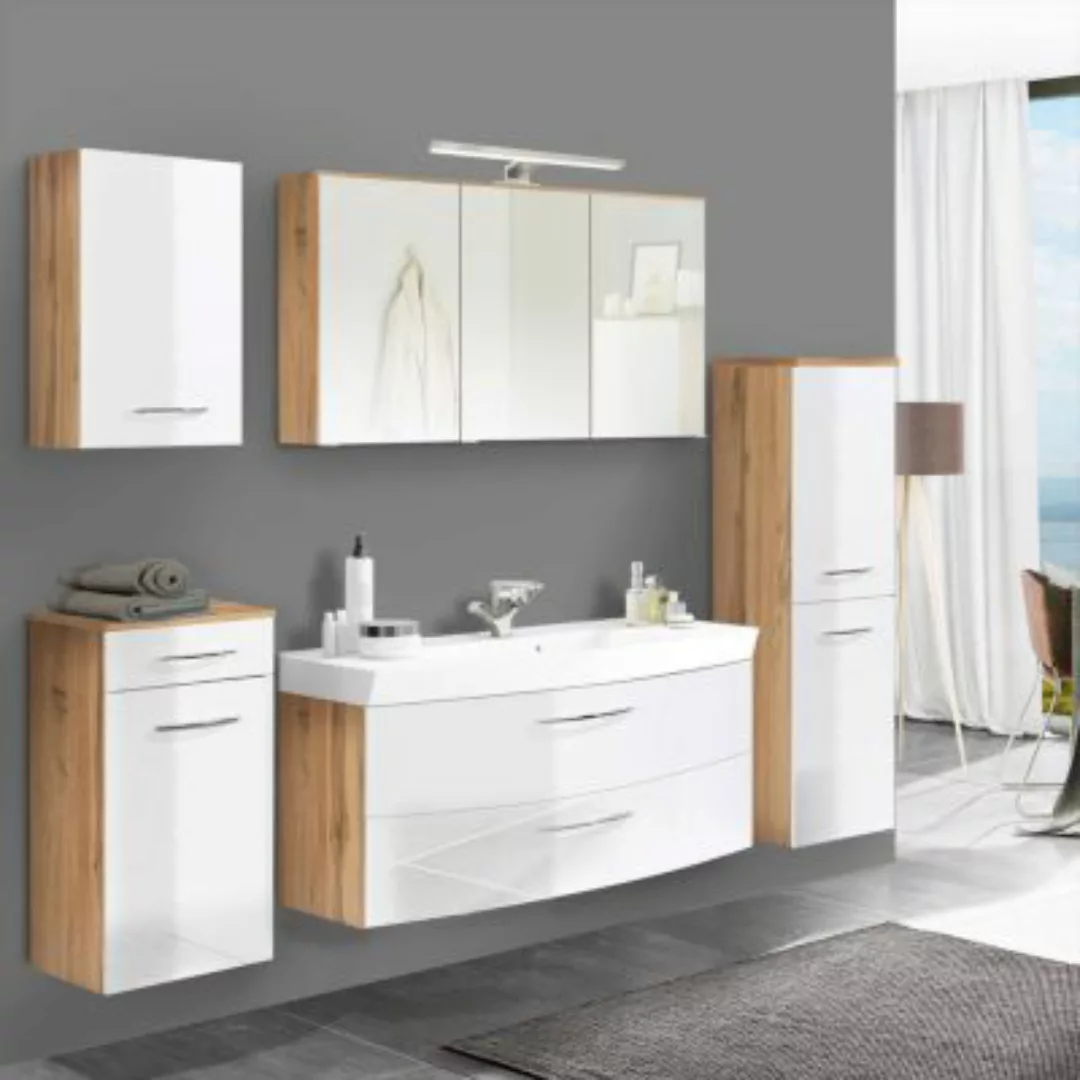 Lomadox Badezimmermöbel Set mit Waschtisch 120cm FLORIDO-03-OAK weiß Hochgl günstig online kaufen