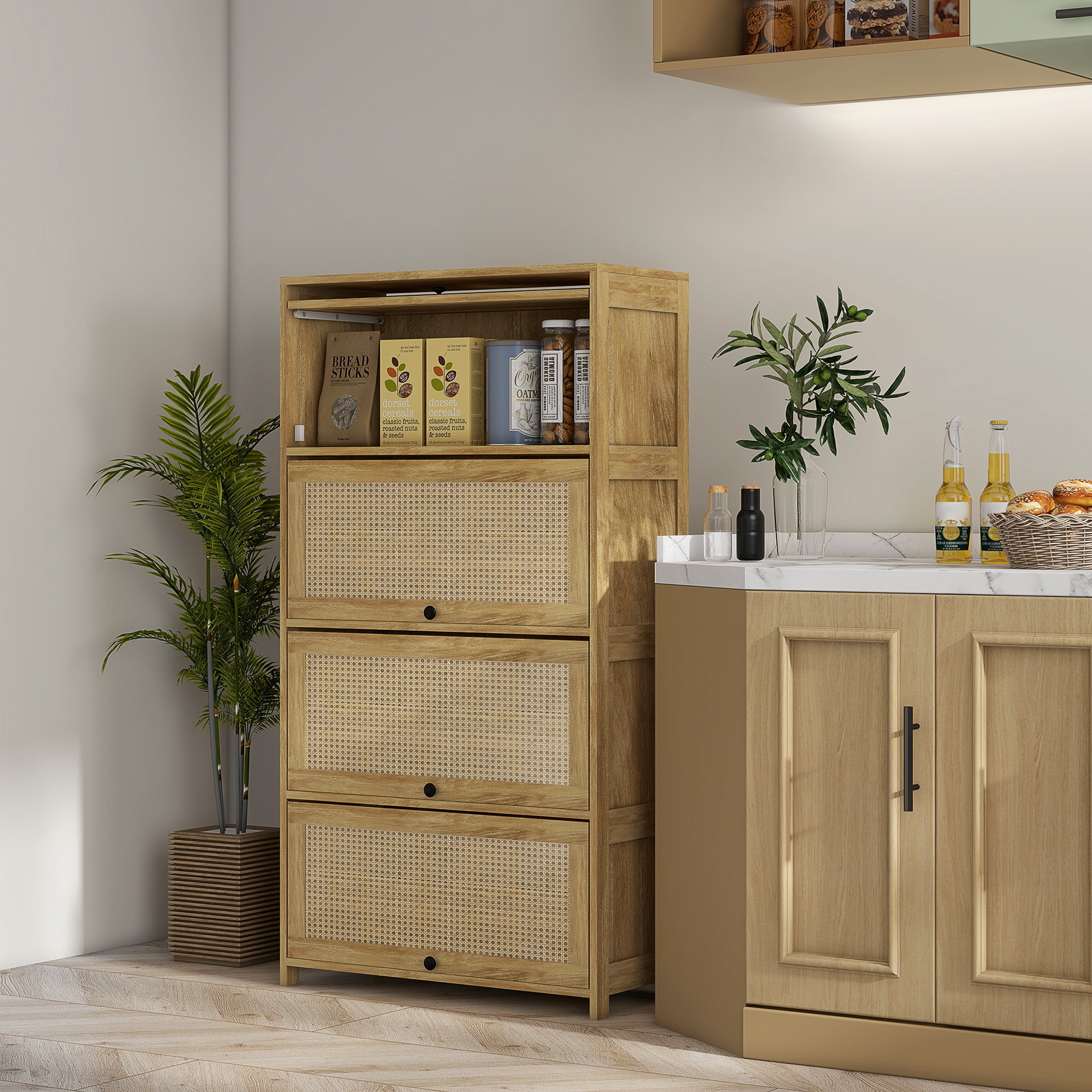 HOMCOM Küchenschrank im Boho-Stil mit 4 Klappentüren, Küchenbuffet aus Span günstig online kaufen