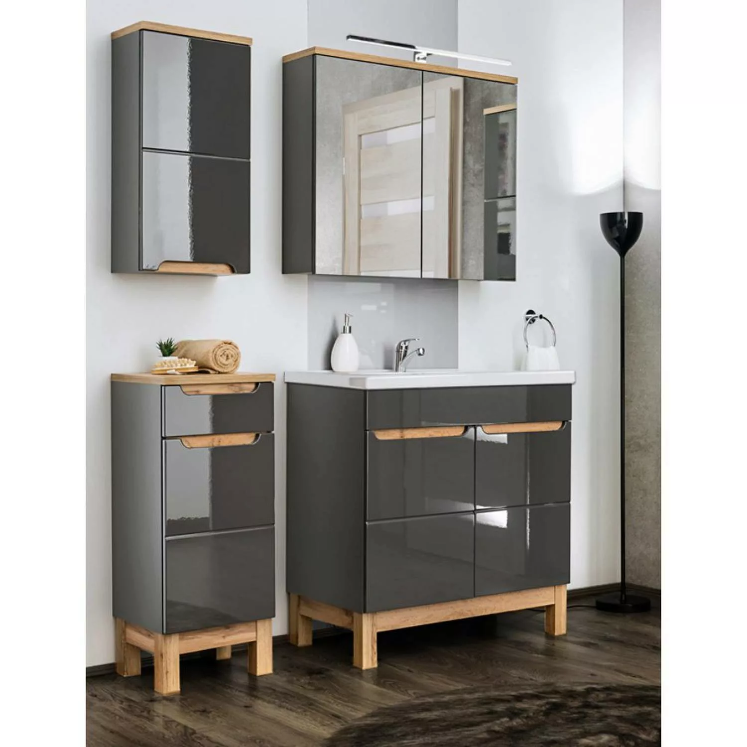 Badezimmermöbel Set mit 80cm Waschtisch & LED-Spiegelschrank SOLNA-56 in Ho günstig online kaufen