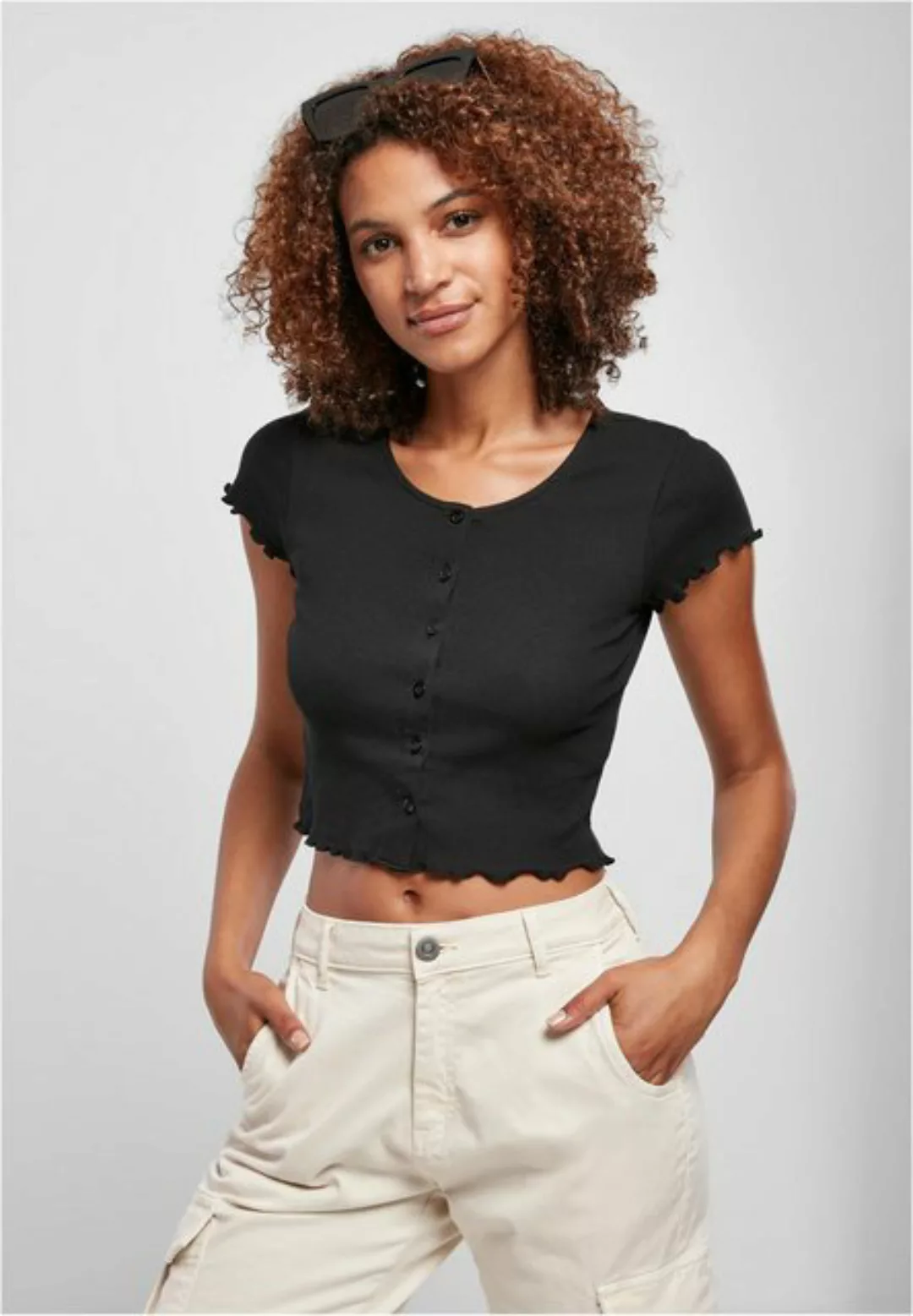 URBAN CLASSICS T-Shirt TB4103 - Ladies Cropped Button Up Rib Tee black 3XL günstig online kaufen