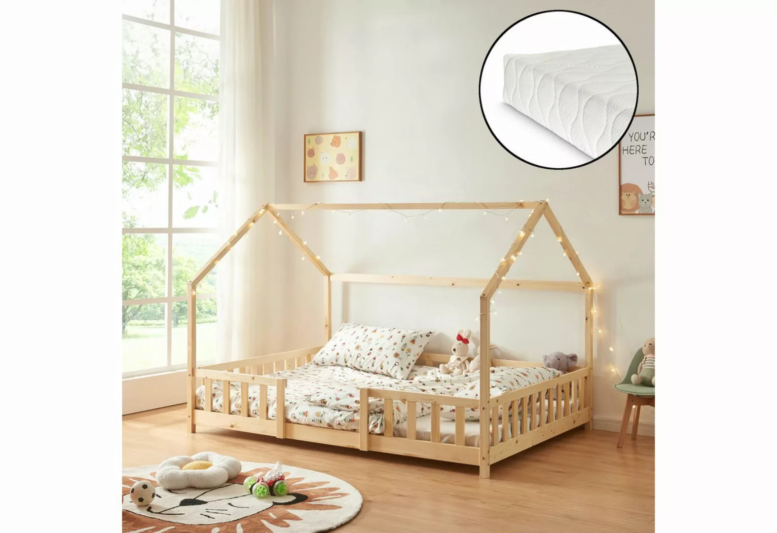 en.casa Kinderbett, »Sisimiut« Hausbett mit Matratze 120 x 200 cm Naturholz günstig online kaufen