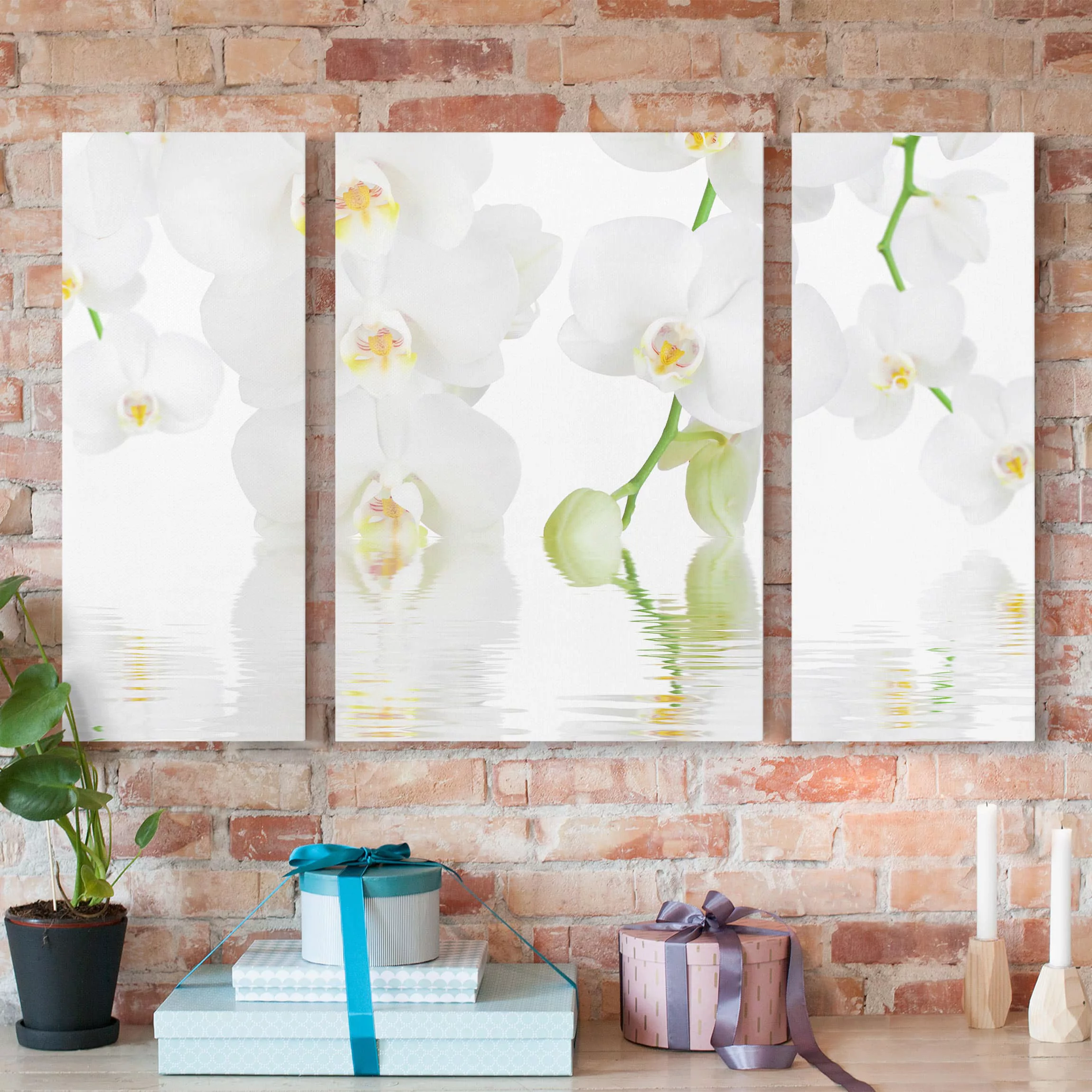 3-teiliges Leinwandbild Blumen - Querformat Wellness Orchidee - Weiße Orchi günstig online kaufen