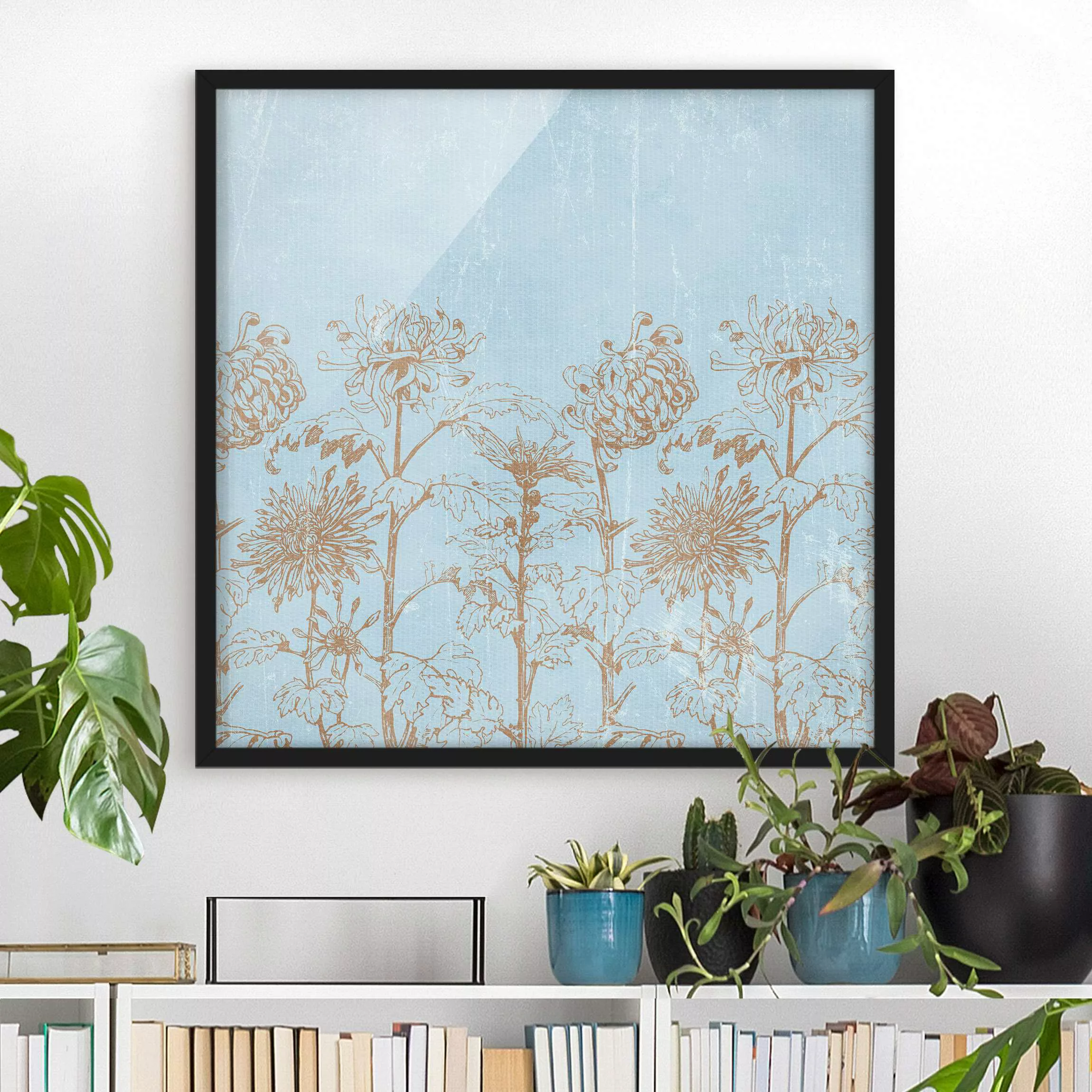 Bild mit Rahmen Blumen - Quadrat Radierung in Blau günstig online kaufen