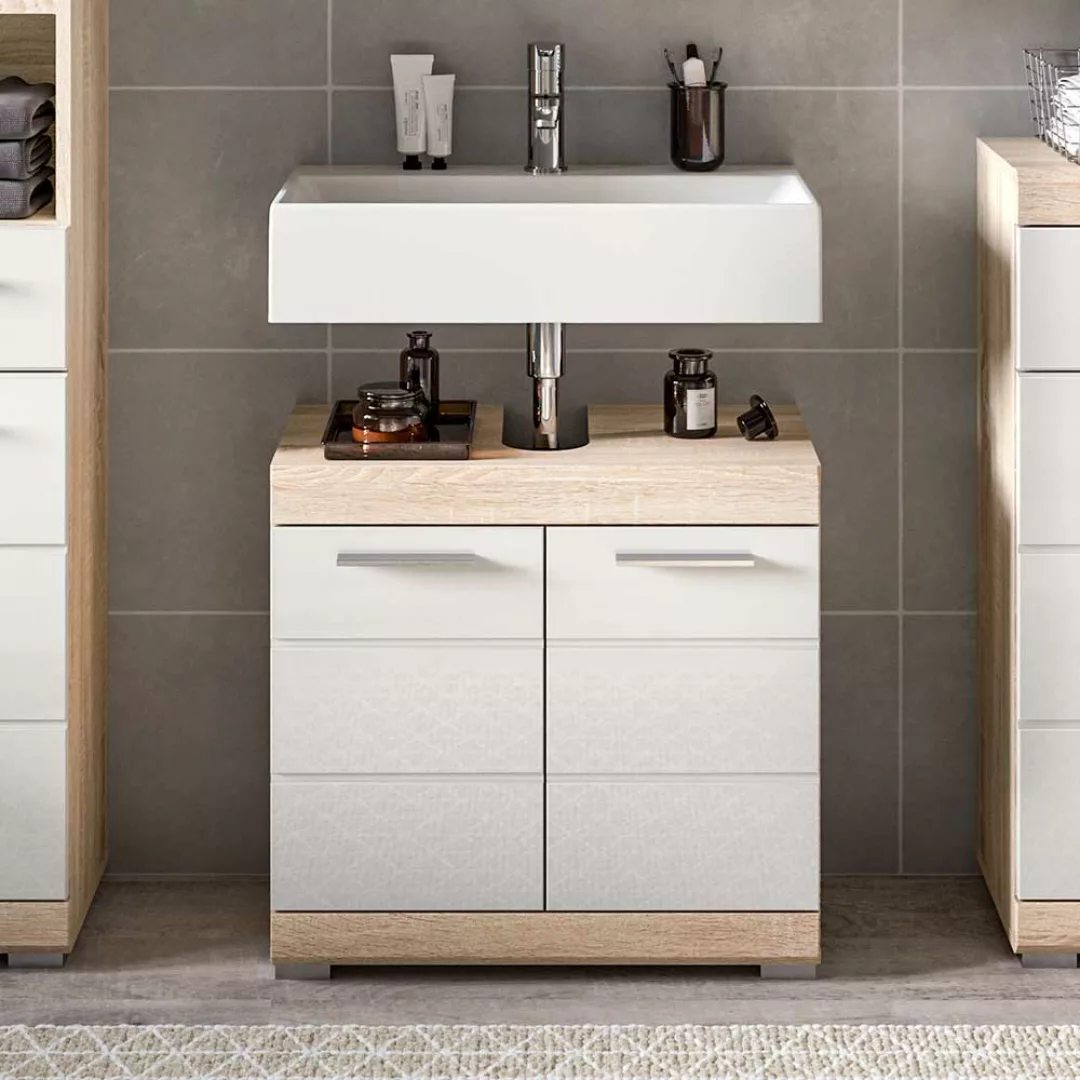 Badezimmerunterschrank in Weiß Hochglanz und Sonoma Eiche 60 cm breit günstig online kaufen
