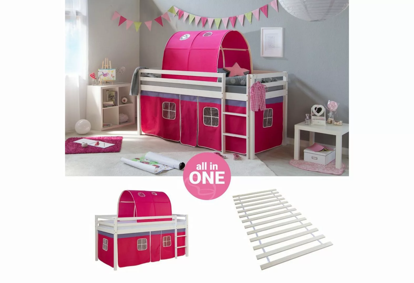 Homestyle4u Hochbett 90x200 cm Kinderbett Weiß Kiefer mit Vorhang Pink mit günstig online kaufen