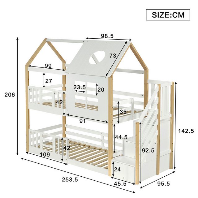 TavilaEcon Etagenbett Kinderbett Hausbett mit Fenster und Dach, mit Aufbewa günstig online kaufen