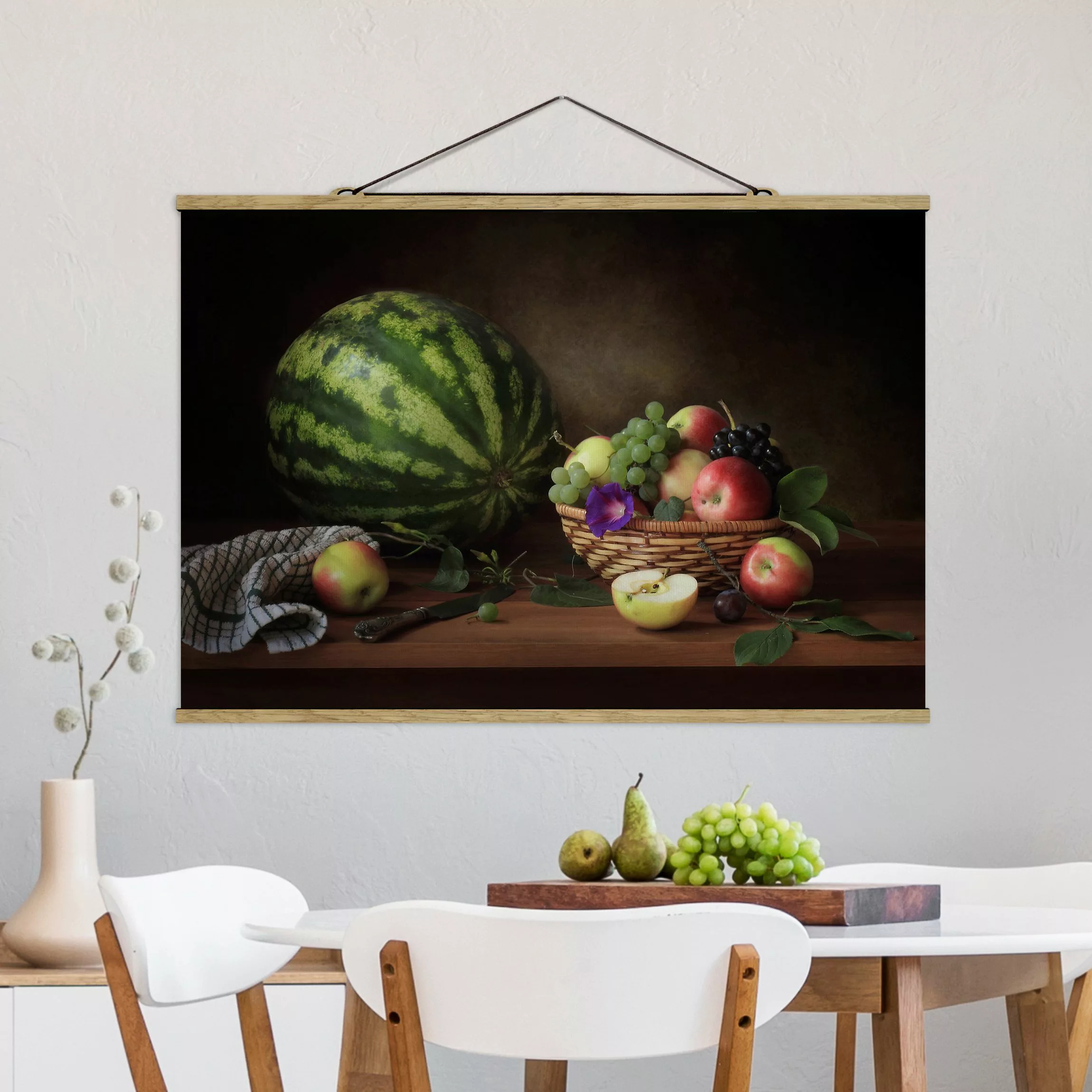 Stoffbild Küche mit Posterleisten - Querformat Stillleben mit Melone günstig online kaufen