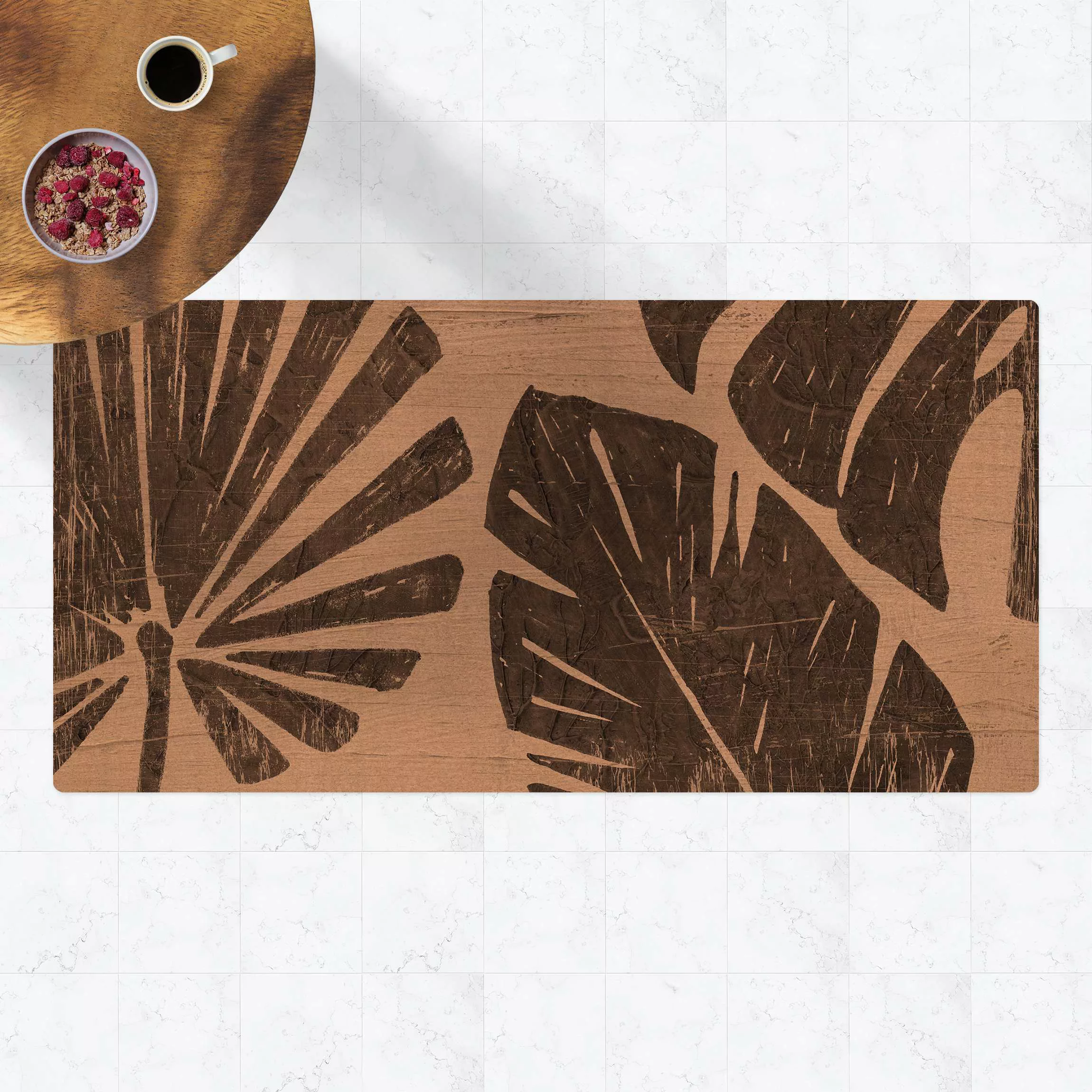 Kork-Teppich Palmenblätter vor Hellgrau günstig online kaufen