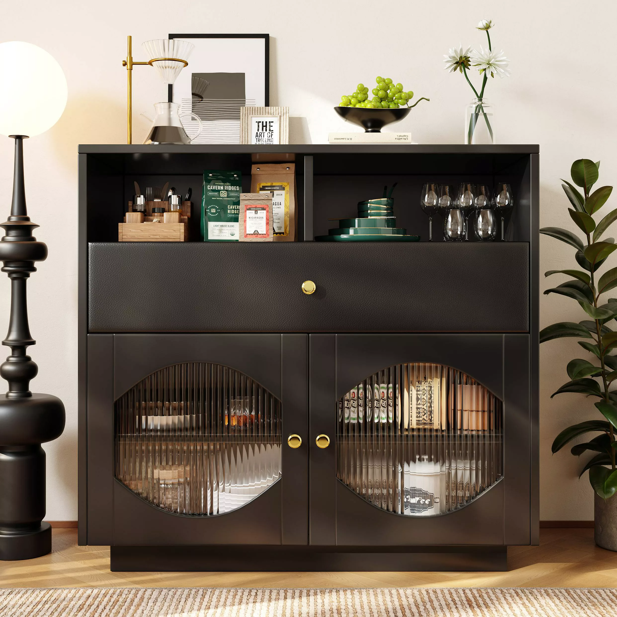 Küchenschrank, Sideboard mit Glastüren, Modernes Design, Geräumiger Staurau günstig online kaufen