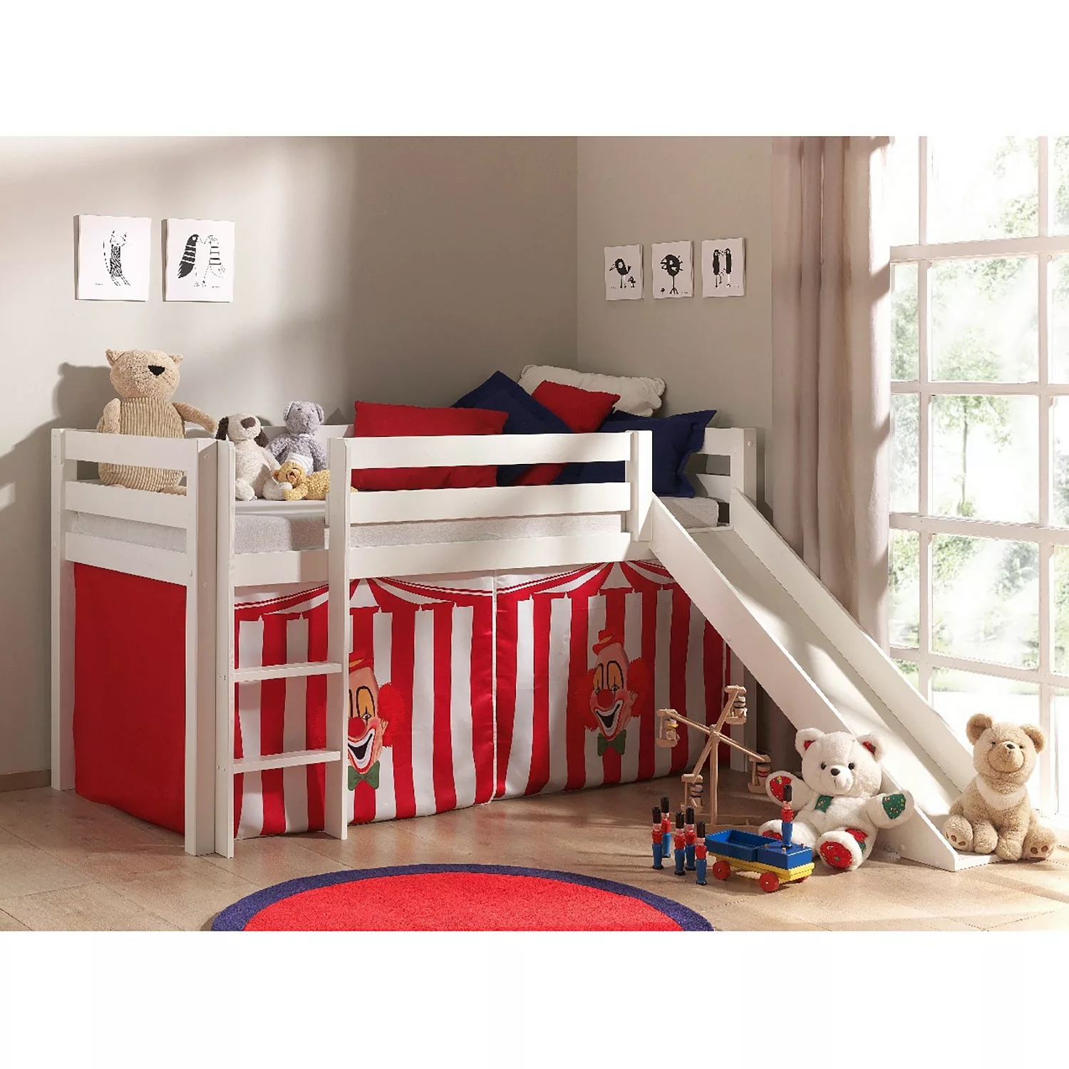 Hochbett Kinderzimmer mit Textils Set Zirkus PINOO-12 in Kiefer massiv weiß günstig online kaufen