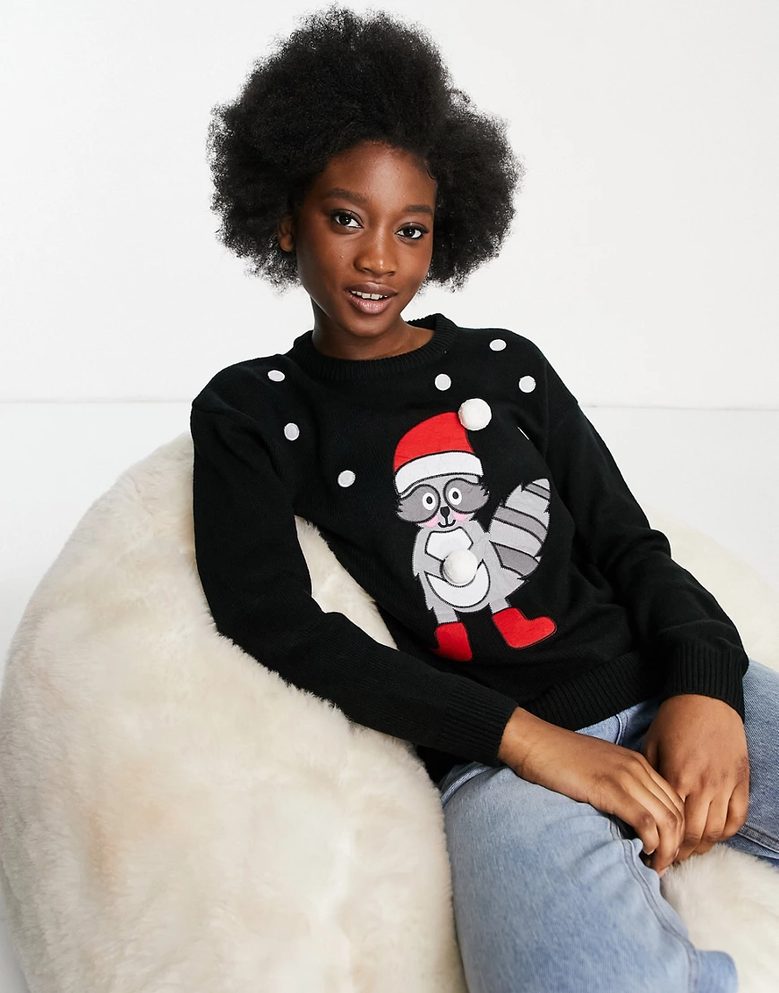 Brave Soul – Weihnachtspullover mit Waschbärmotiv-Schwarz günstig online kaufen