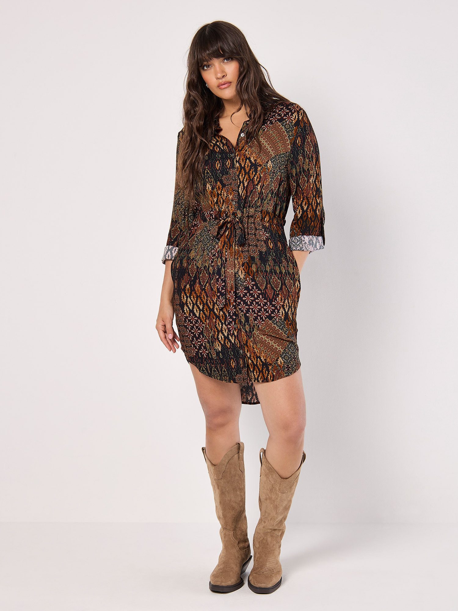 Apricot Druckkleid Ikatmuster-Hemdkleid, (2-tlg., Gummizug) mit günstig online kaufen