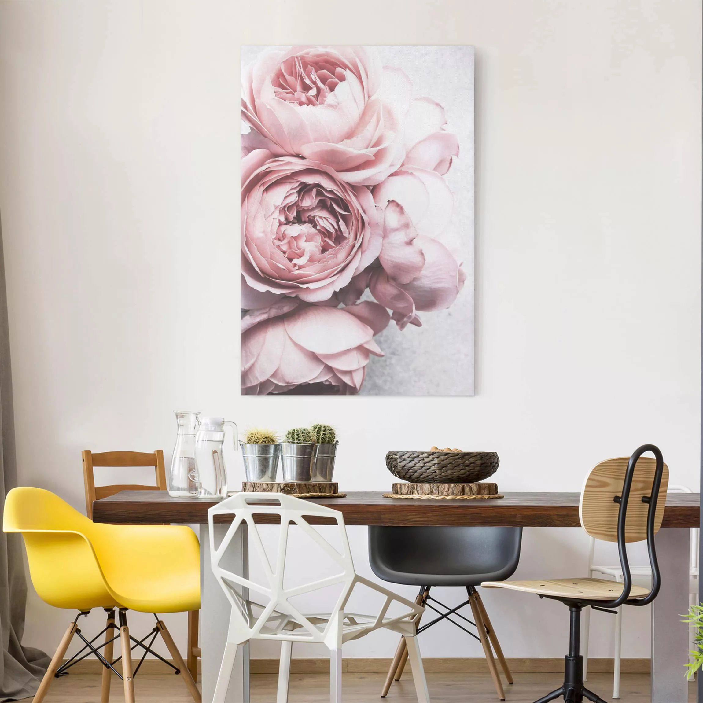 Leinwandbild Blumen - Hochformat Rosa Pfingstrosenblüten Shabby Pastell günstig online kaufen