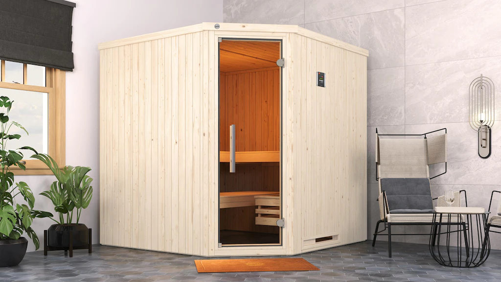 weka Sauna »Element-Ecksauna VARBERG 3«, vorgefertigte Elemente, moderne Ga günstig online kaufen