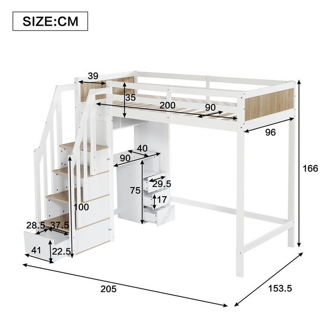 Merax Hochbett (Schrank mit 3 Schubladen, Offenes Regal) Etagenbett 90x200c günstig online kaufen