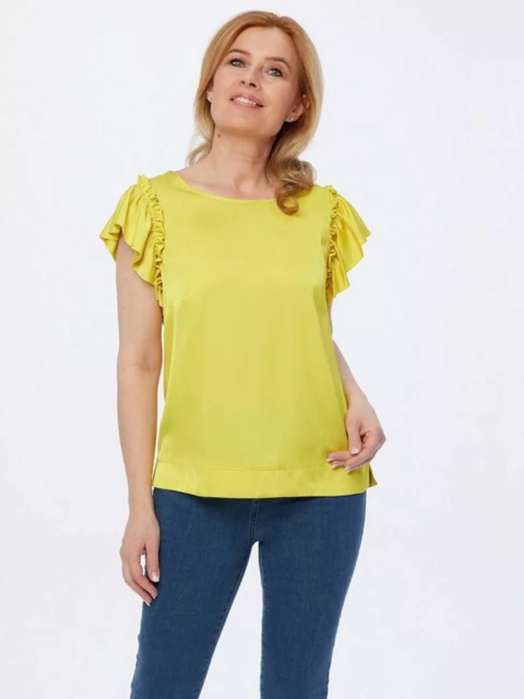 MONACO blue Rüschenbluse Kurzarm-Shirt figurumspielend mit Seitenschlitzen günstig online kaufen