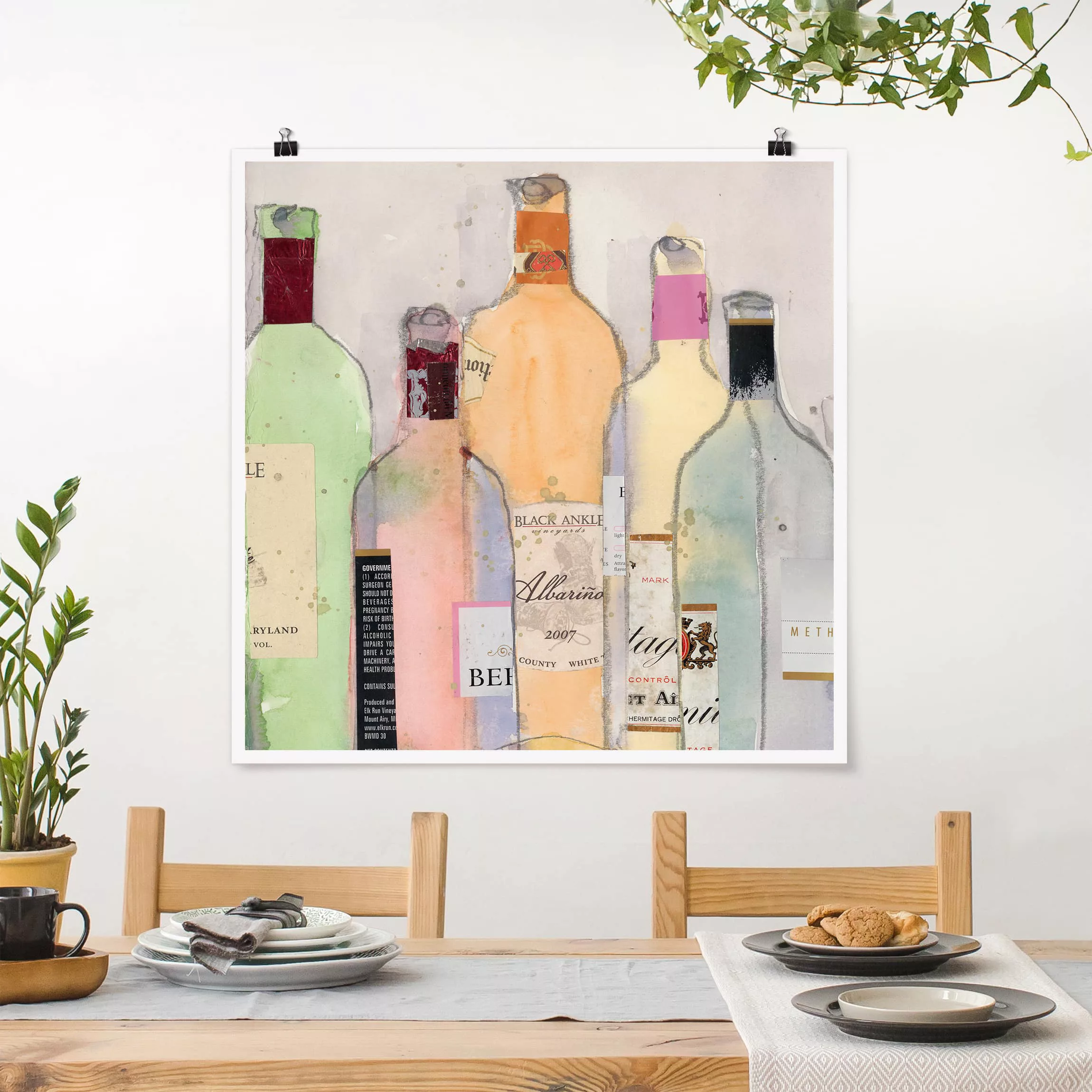 Poster Küche - Quadrat Weinflaschen in Wasserfarbe II günstig online kaufen