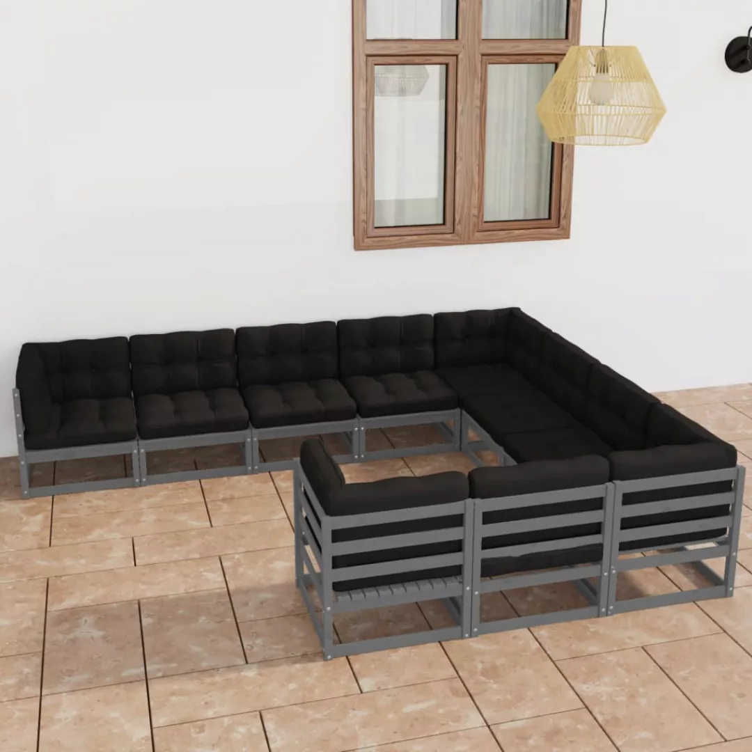 10-tlg. Garten-lounge-set Mit Kissen Grau Kiefer Massivholz günstig online kaufen