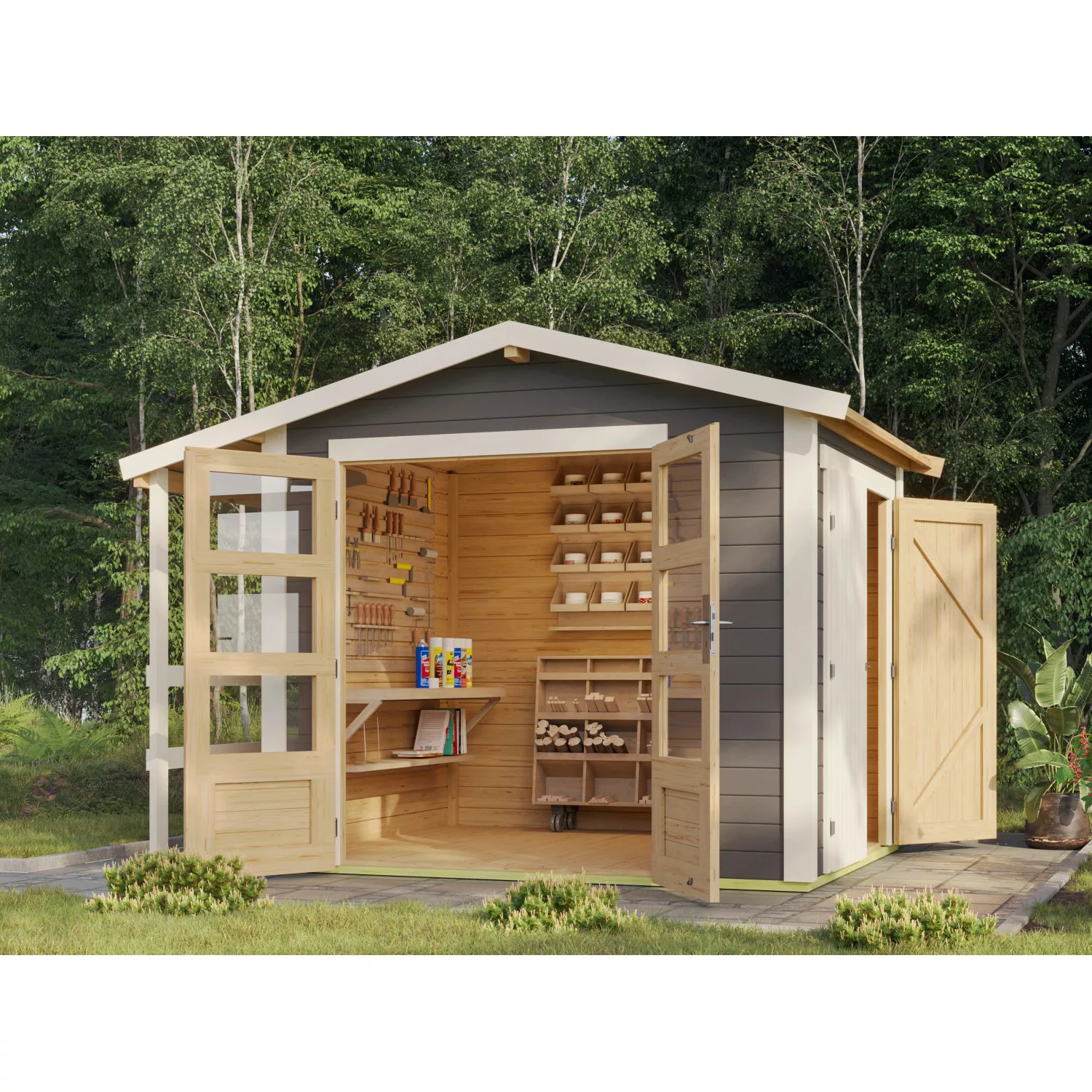Karibu Gartenhaus Flexi 28 mm Satteldach Terragrau 4,87 m² günstig online kaufen