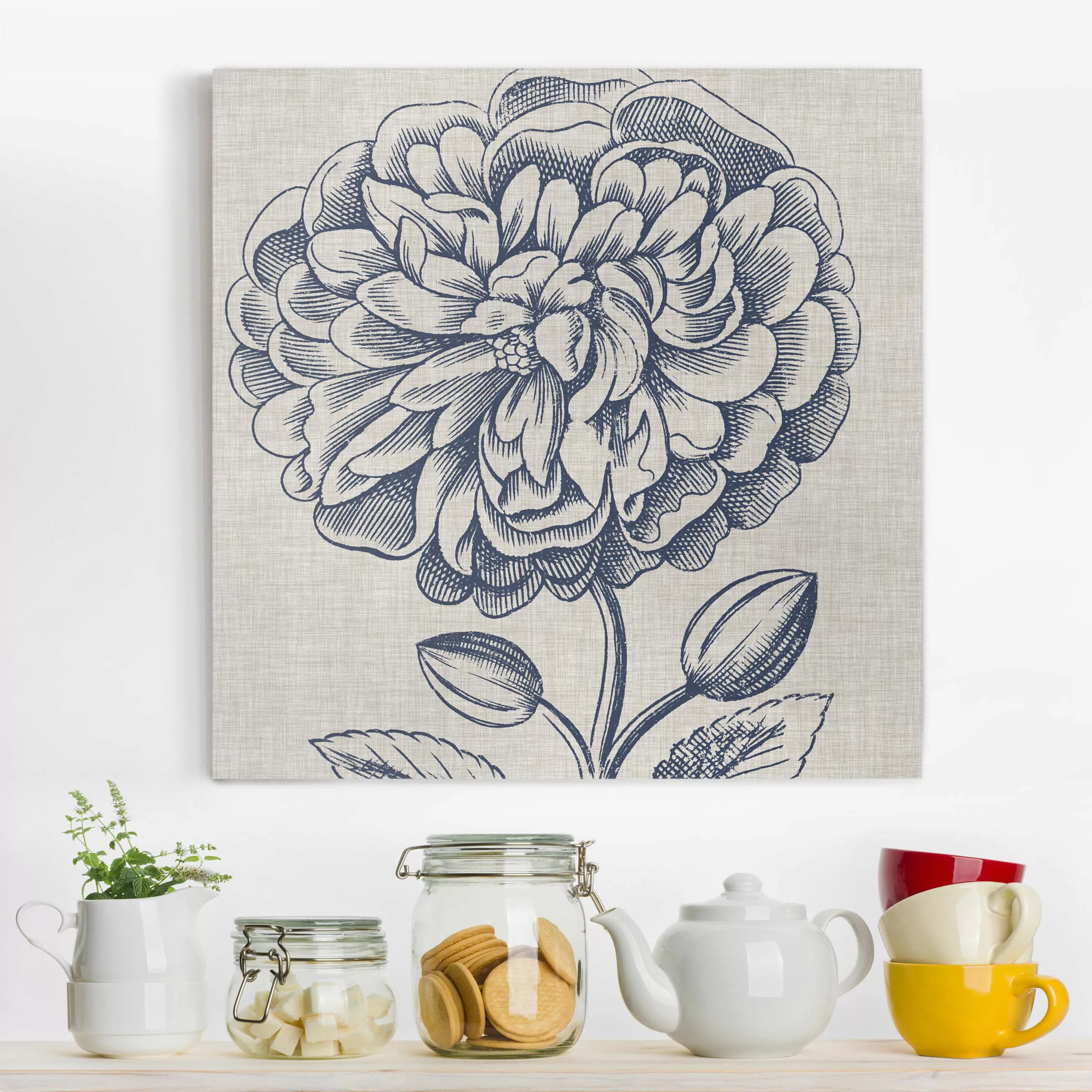 Leinwandbild Botanik - Quadrat Indigo Blüte auf Leinen III günstig online kaufen