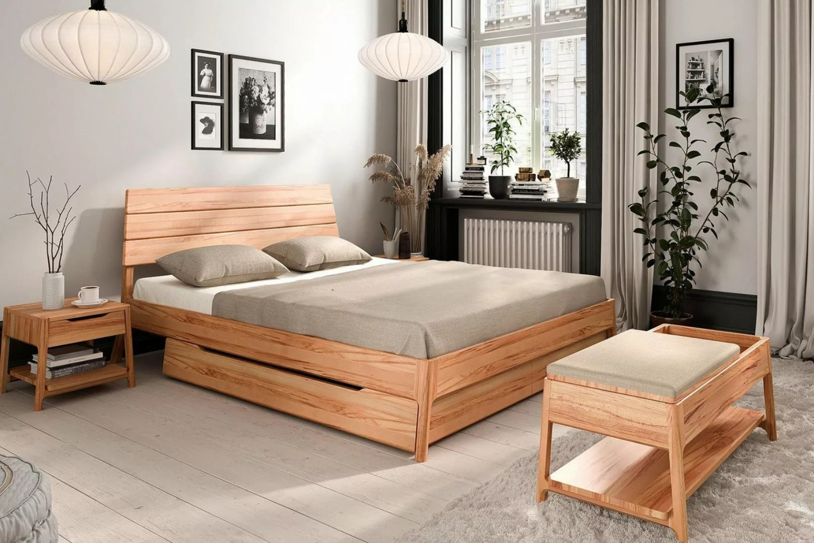 Natur24 Bett Bett Swig 1 Sonderlänge 180x220 Kernbuche Holzkopfteil und Hol günstig online kaufen