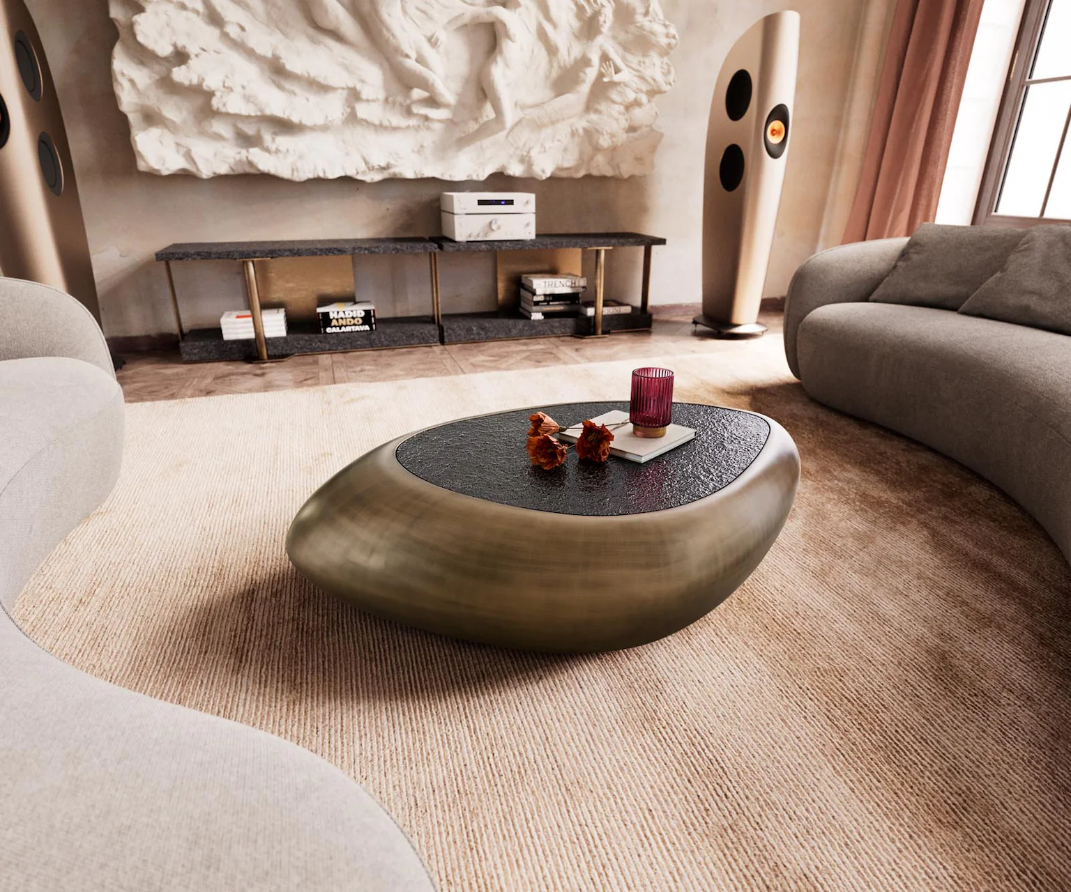 Couchtisch Sagana 120x80 cm Metallic Gold mit Reliefglas Taupe günstig online kaufen