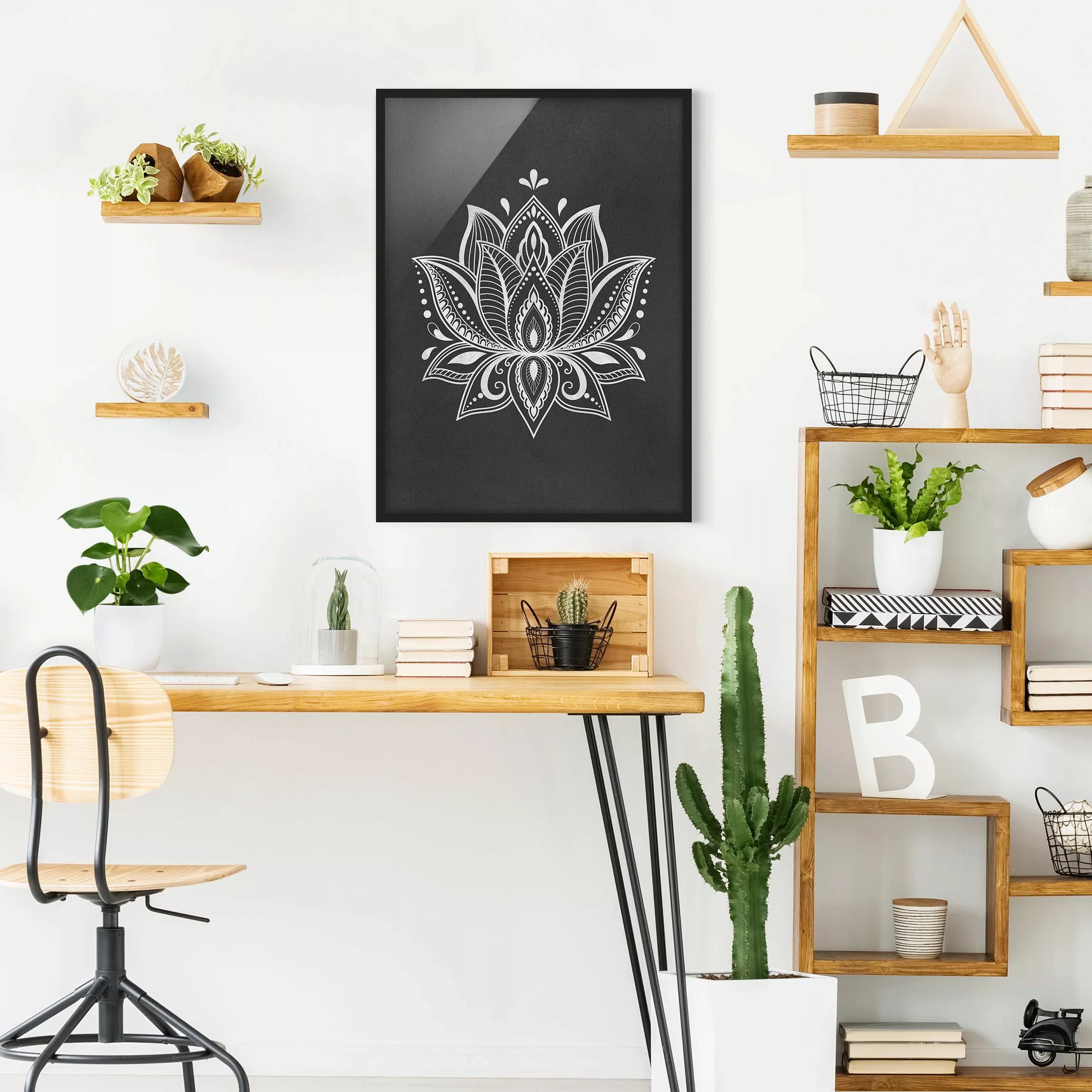 Bild mit Rahmen Schwarz-Weiß - Hochformat Lotus Illustration weiß schwarz günstig online kaufen