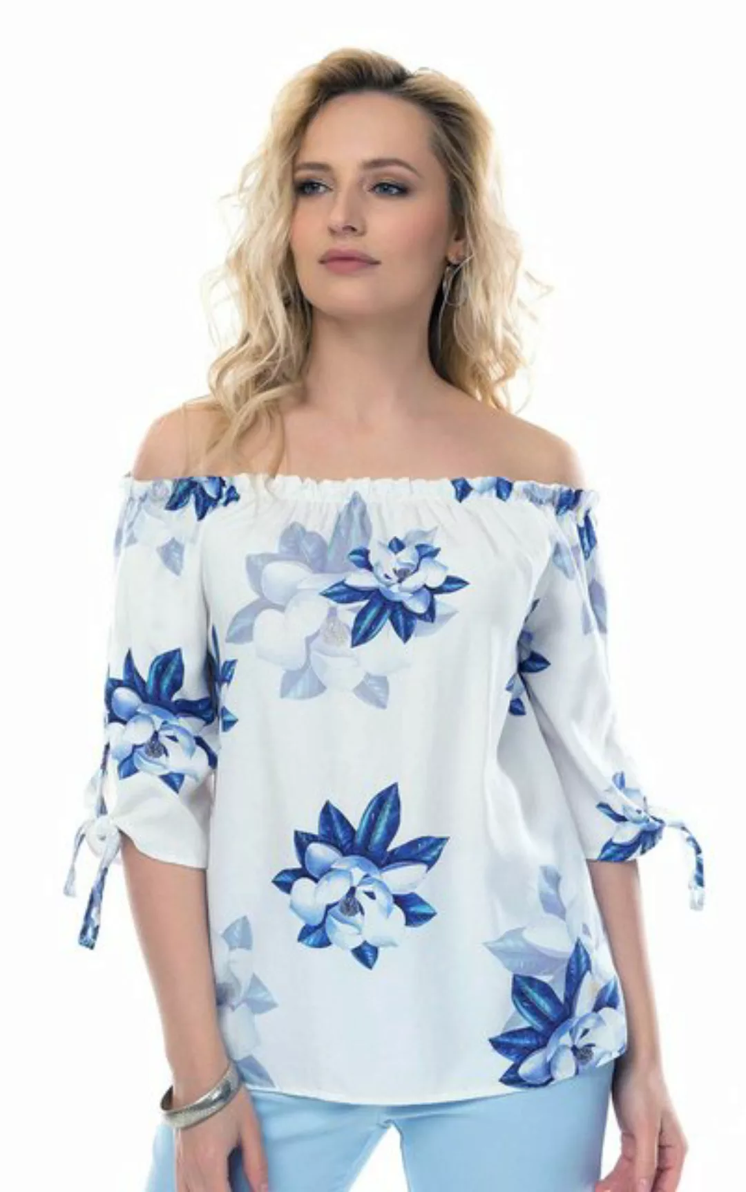 Passioni Kurzarmshirt Off Shoulder mit blauem Blumenprint Schulterfrei günstig online kaufen