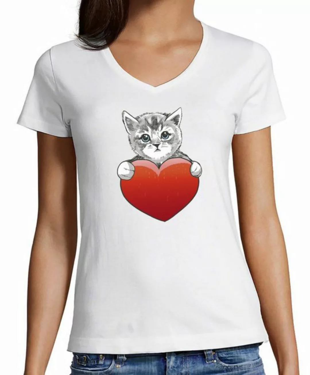 MyDesign24 T-Shirt Damen Katzen Print Shirt bedruckt - Katze mit rotem Herz günstig online kaufen