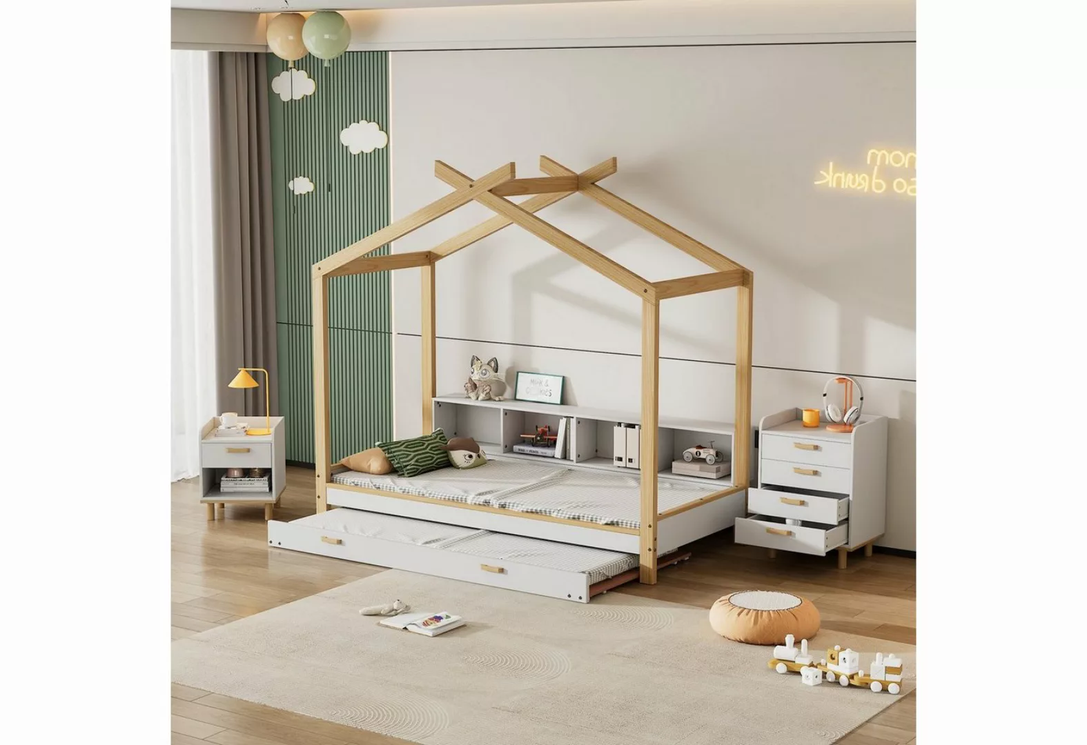 Flieks Massivholzbett, Schlafzimmer Set Kinderbett Ausziehbett mit Nachttis günstig online kaufen