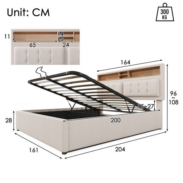 Rosaking Polsterbett Doppelbett mit USB C Steckdose Ladefunktion Kopfteil ( günstig online kaufen