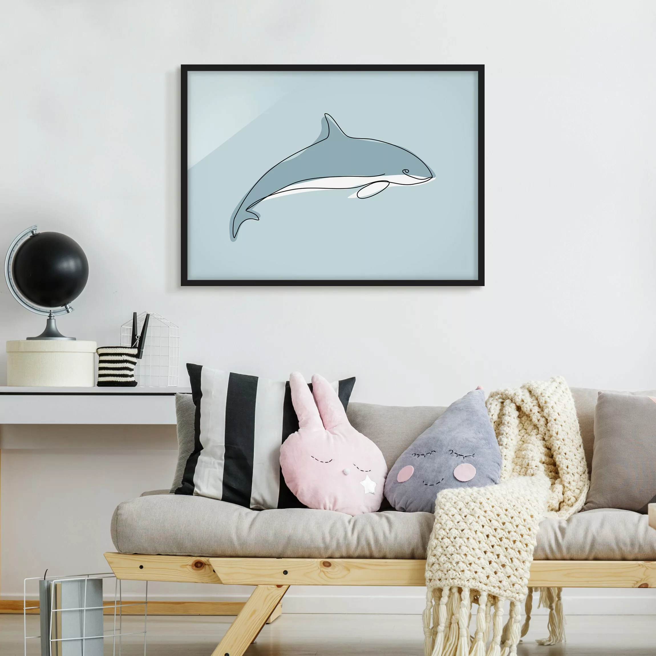 Bild mit Rahmen Kinderzimmer - Querformat Delfin Line Art günstig online kaufen