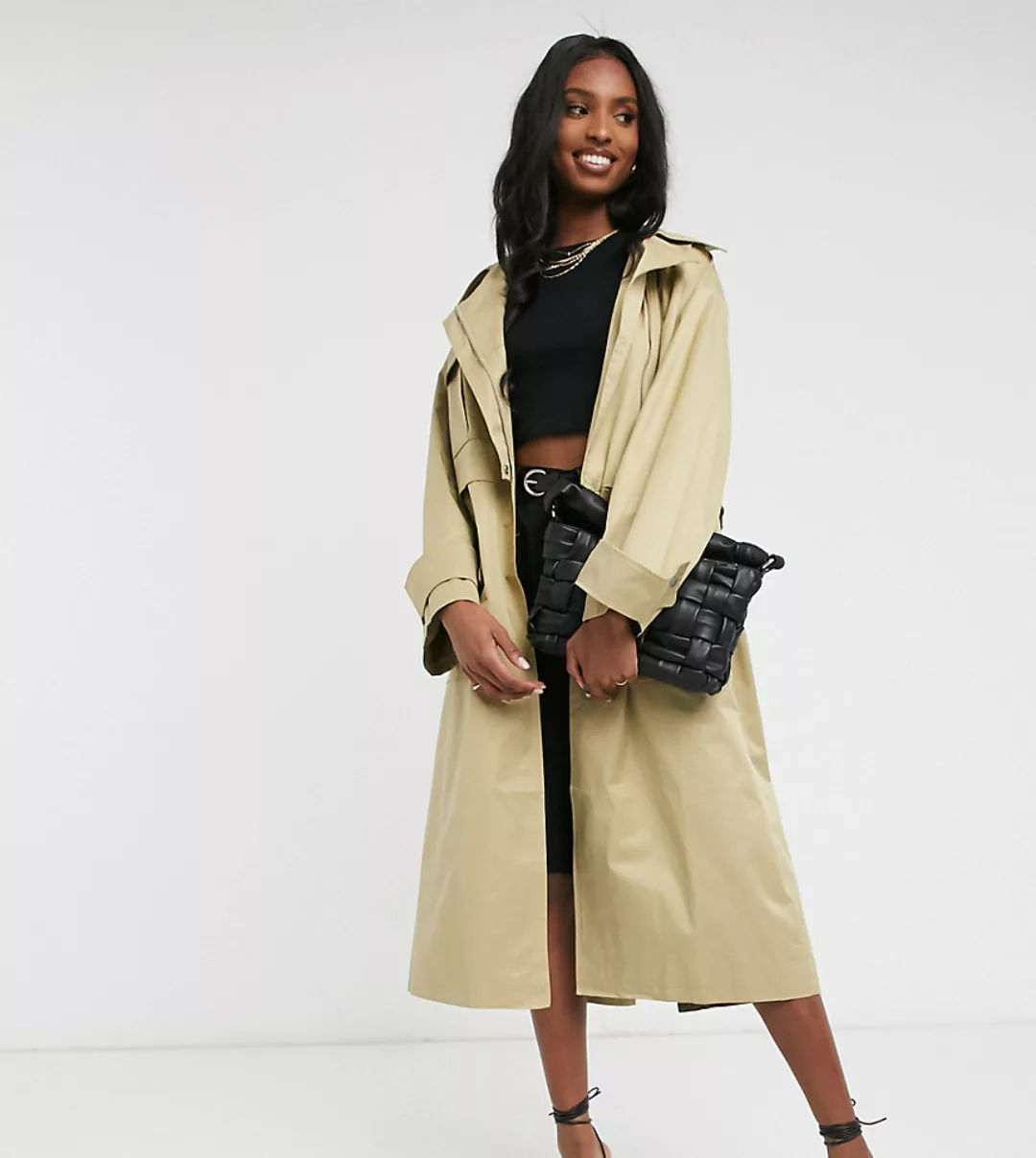 ASOS DESIGN Tall – Utility-Trenchcoat mit Oversize-Passform in Stone-Neutra günstig online kaufen