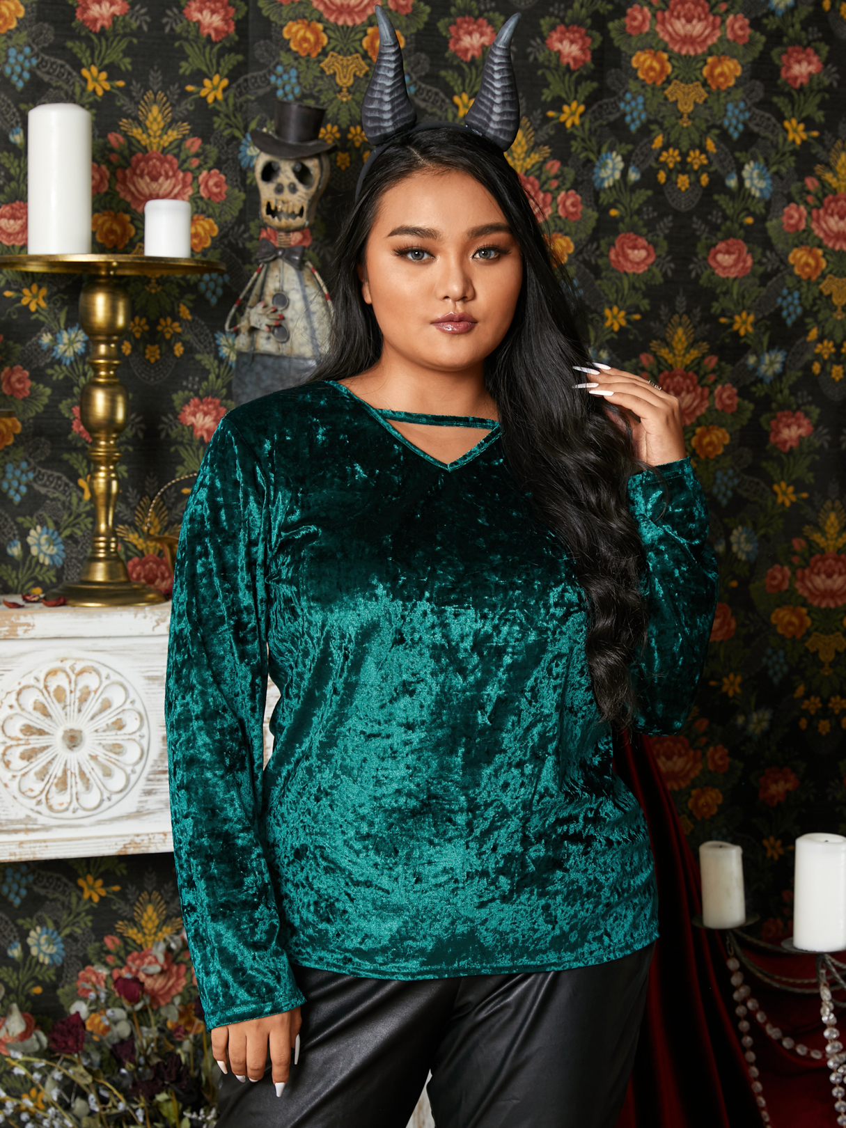 Plus Size Halloween V-Ausschnitt mit langen Ärmeln Flanell T-Shirt günstig online kaufen