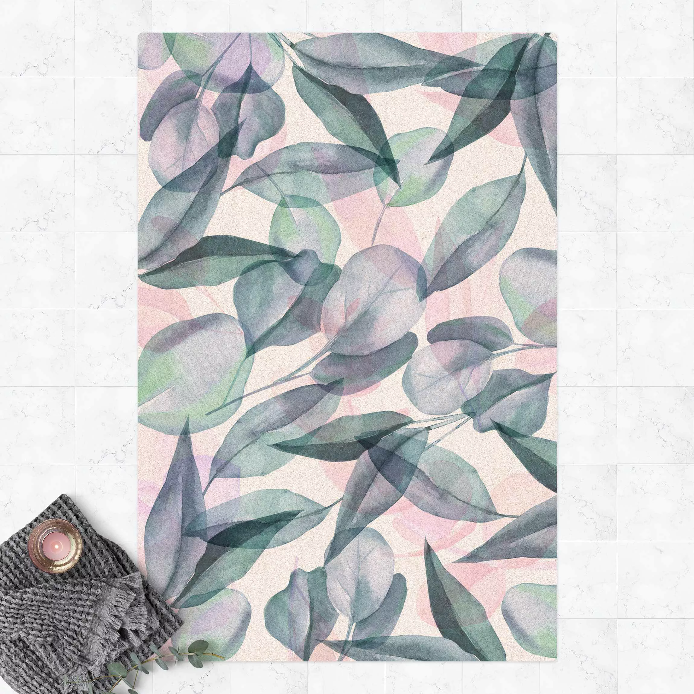 Kork-Teppich Blaue und Rosane Eukalyptus Aquarellblätter günstig online kaufen