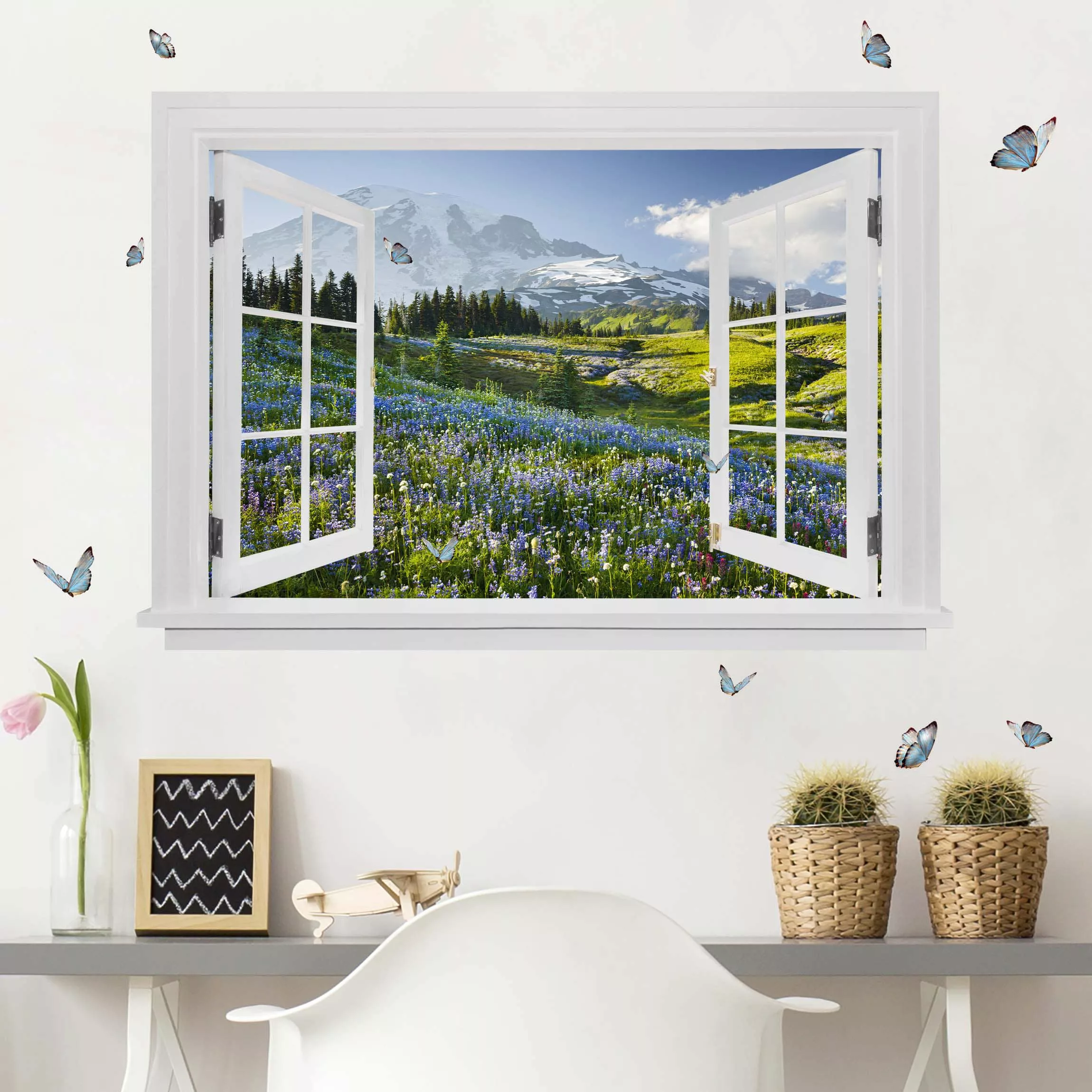 3D Wandtattoo Offenes Fenster Bergwiese mit Blumen vor Mt. Rainier und Schm günstig online kaufen