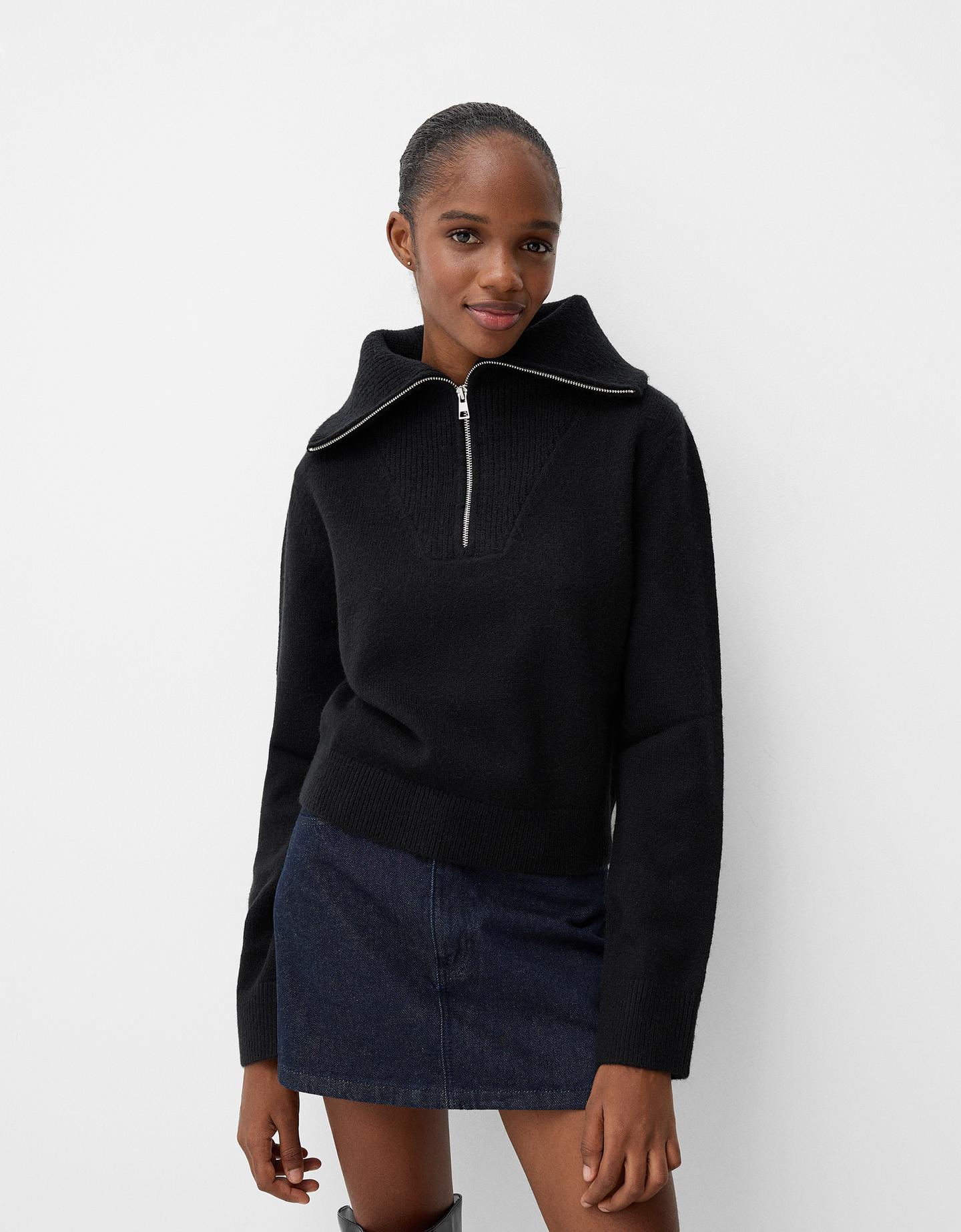 Bershka Sportlicher Rollkragenpullover Mit Reißverschluss Damen M Schwarz günstig online kaufen