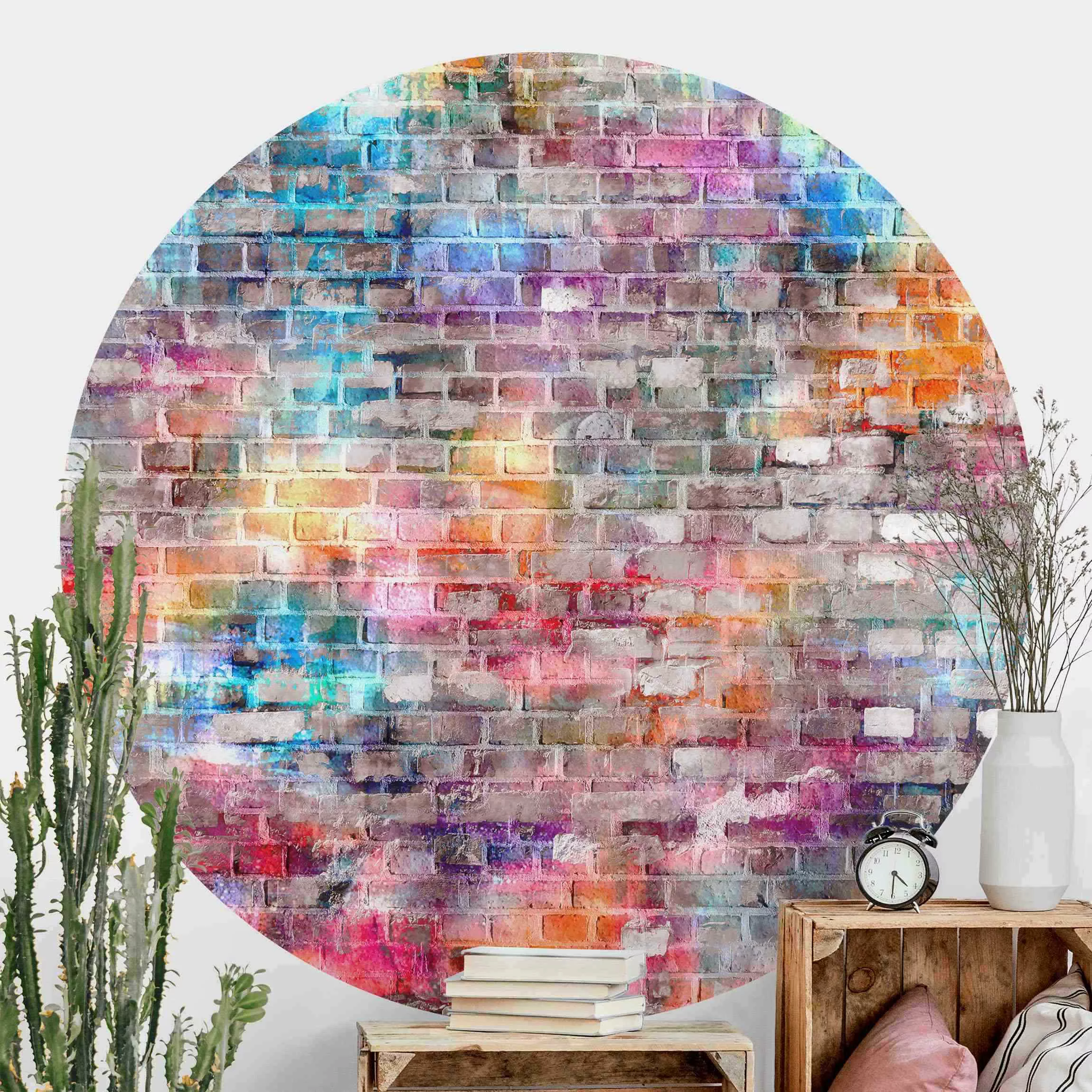 Runde Tapete selbstklebend Bunte Shabby Backsteinwand günstig online kaufen