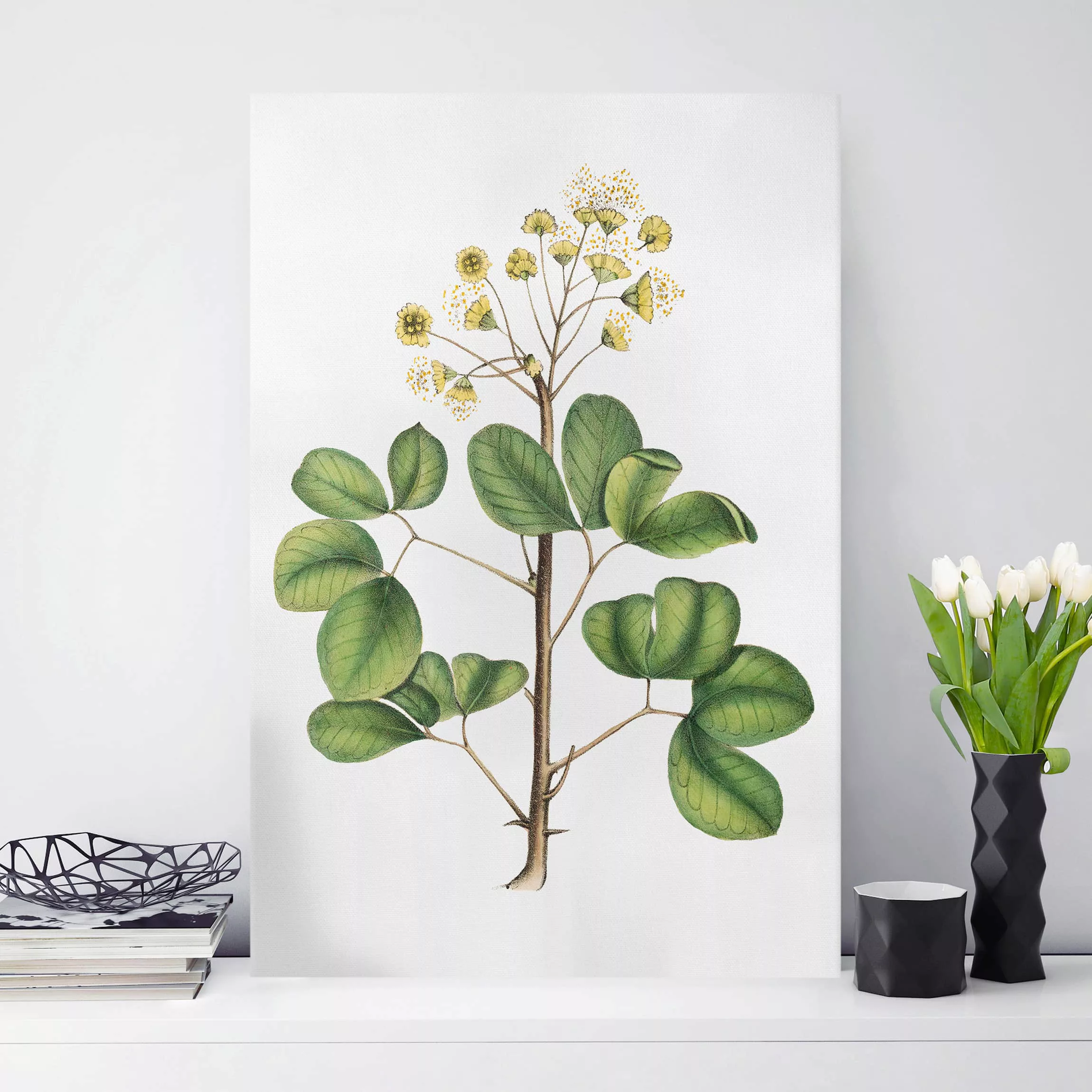 Leinwandbild Botanik - Hochformat Laubwerk mit Blüten IV günstig online kaufen