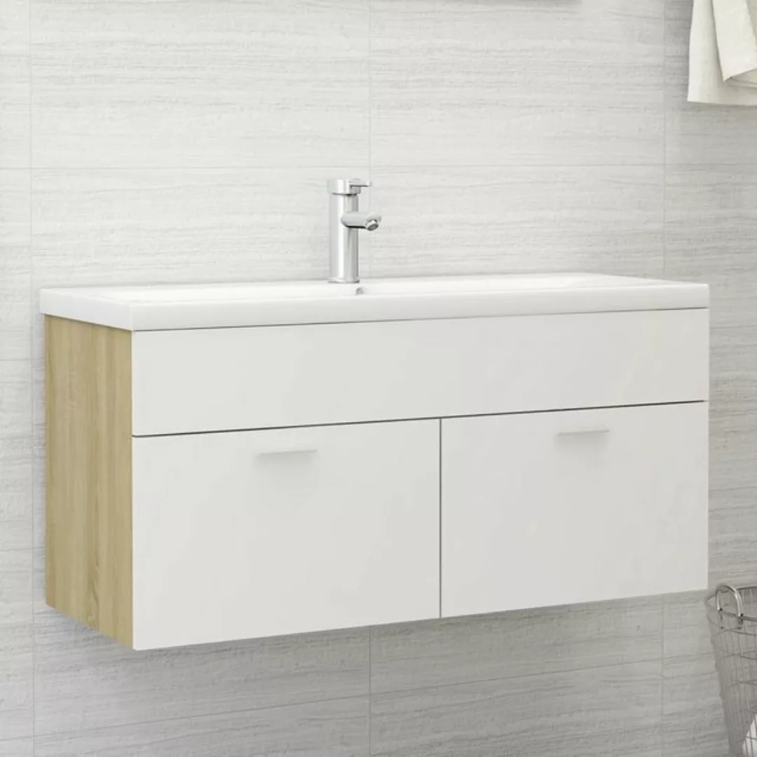 Waschbeckenunterschrank Weiß Und Sonoma 100x38,5x46 Spanplatte günstig online kaufen