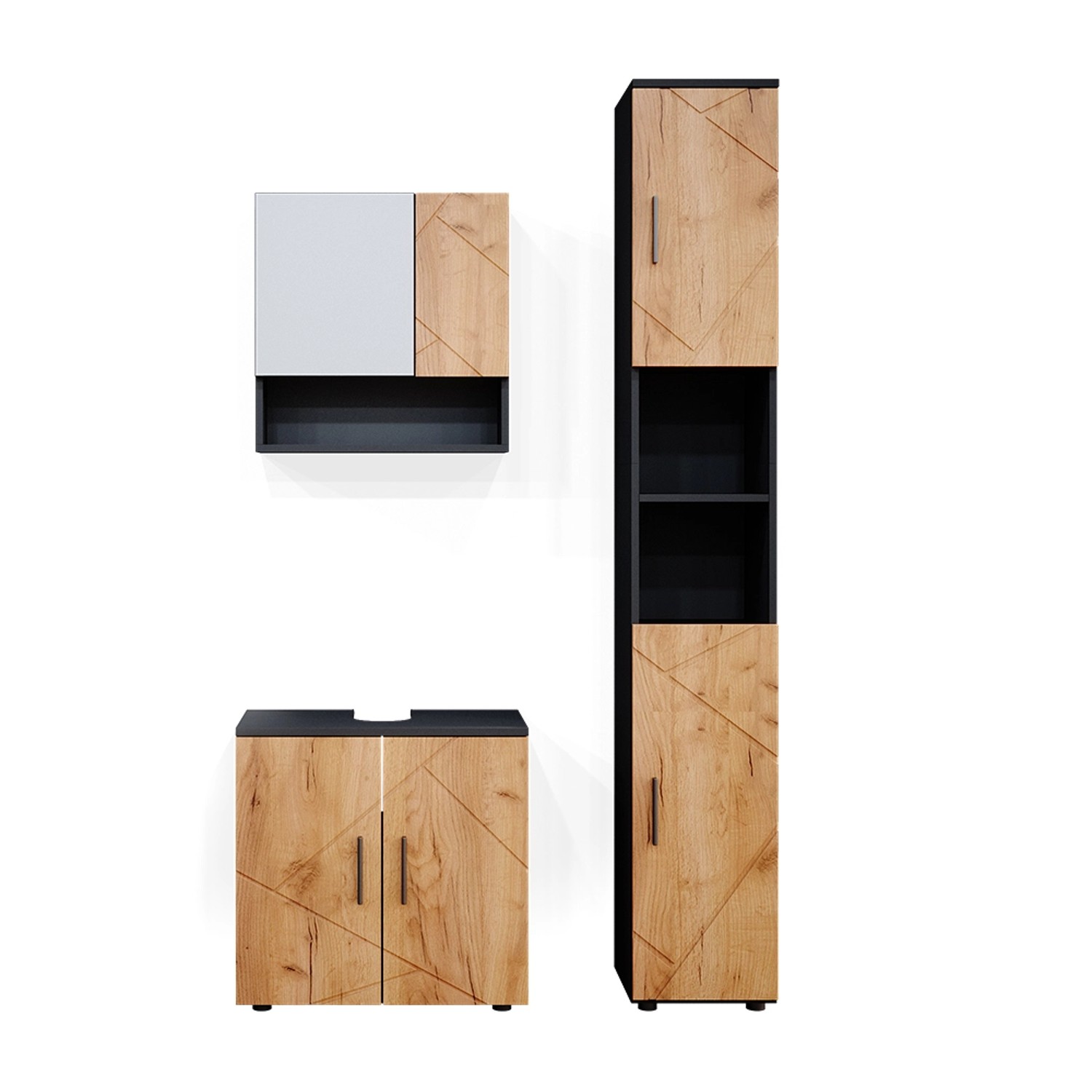 Vicco Badmöbel-Set Irma Anthrazit/Eiche 3 Teile mit Hochschrank günstig online kaufen